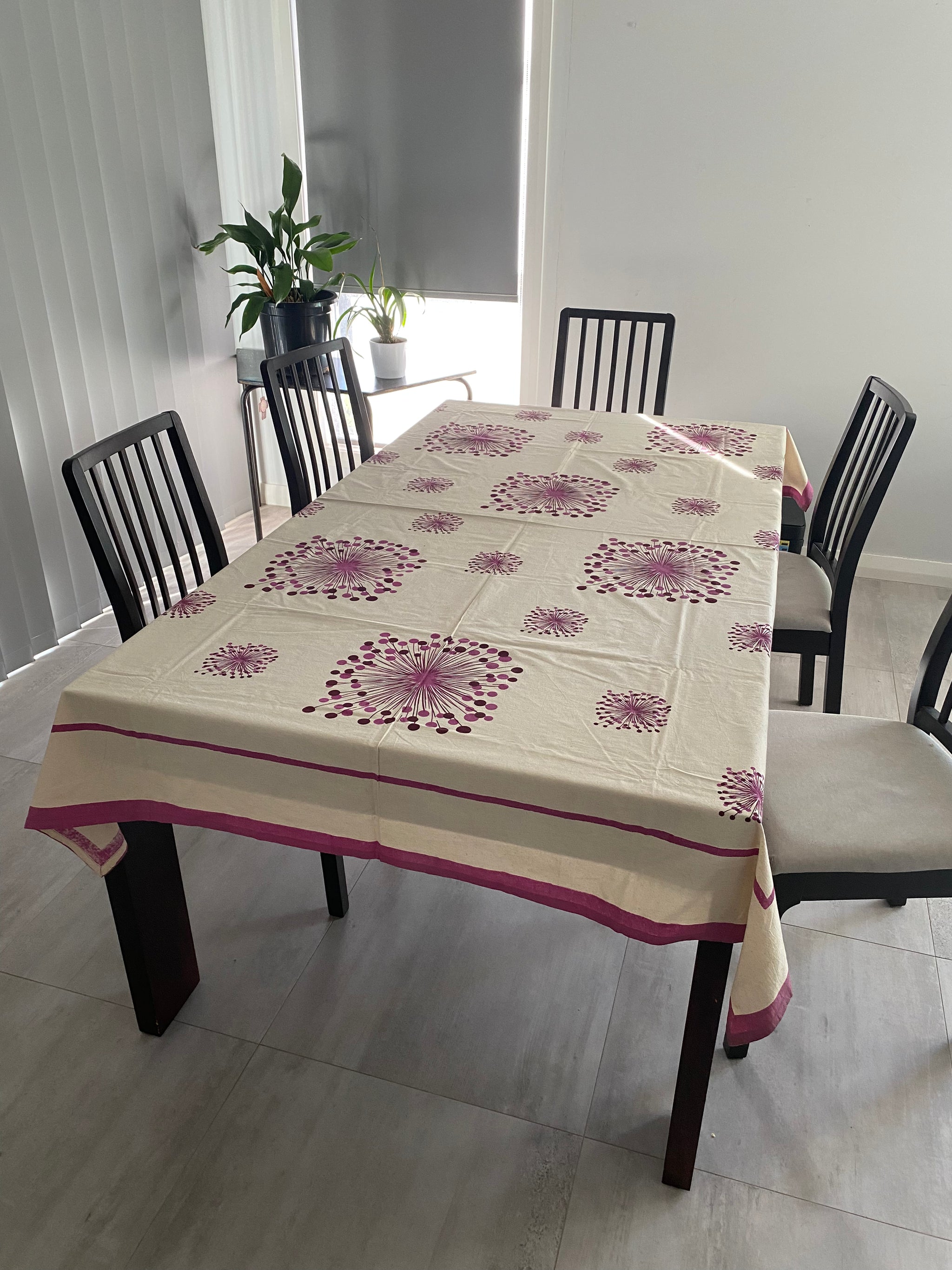 Purple Firework Block Printed Tablecloth – 100% Cotton, 6–8 Seater – Fair Trade (Sasha India)