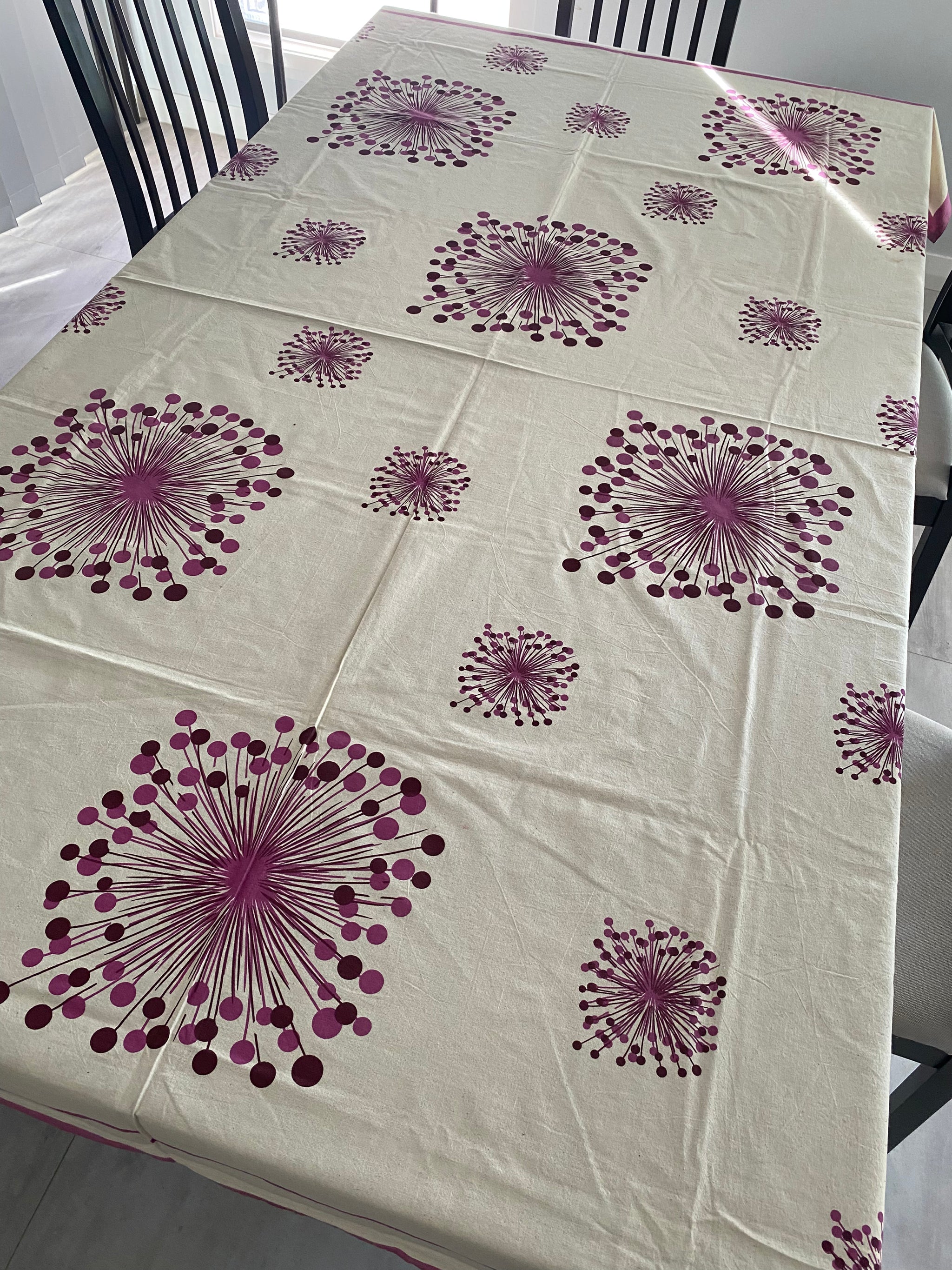 Purple Firework Block Printed Tablecloth – 100% Cotton, 6–8 Seater – Fair Trade (Sasha India)