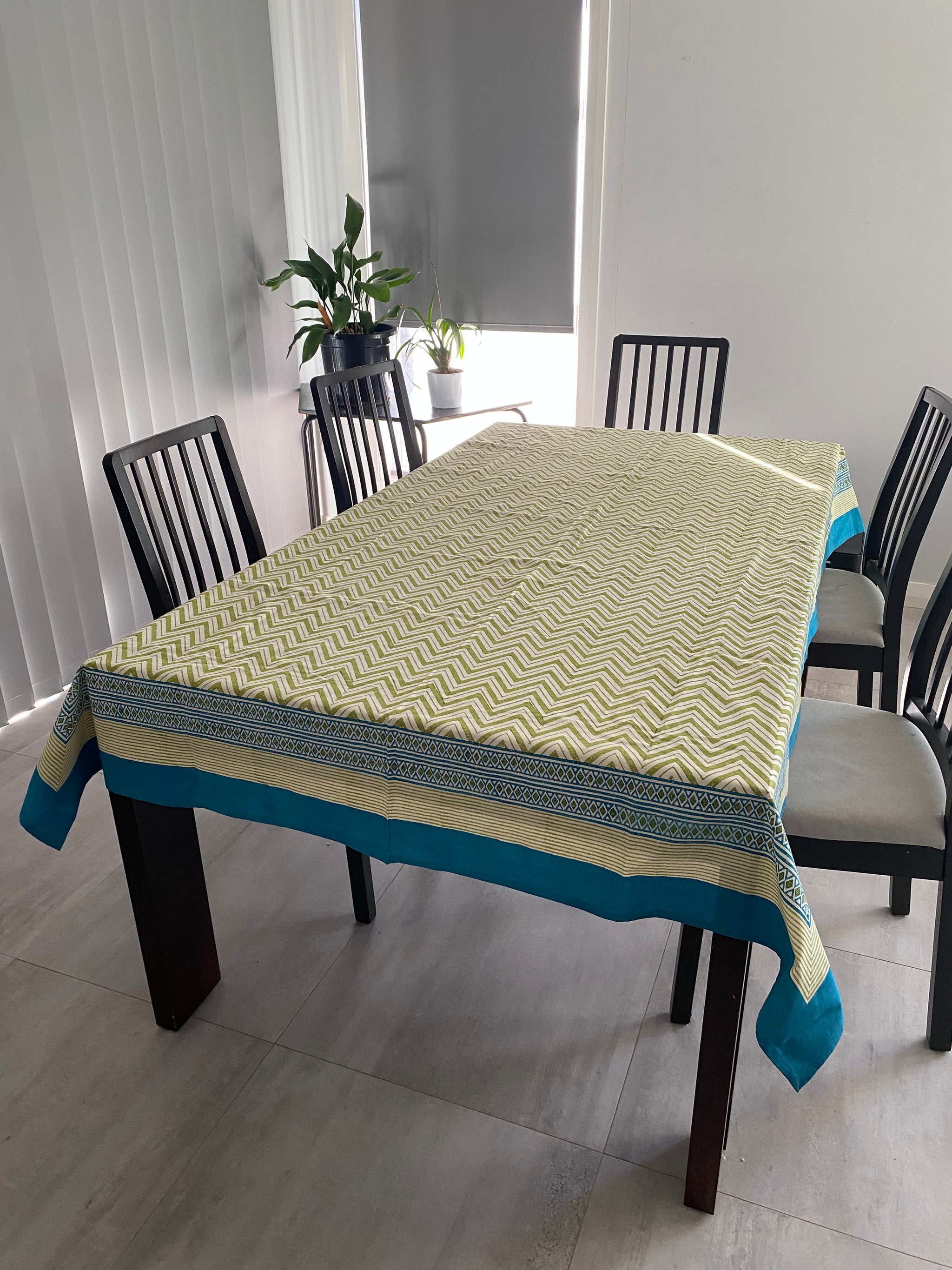 Geometric Green and Blue Block Printed Tablecloth – 100% Cotton, 6–8 Seater – Fair Trade (Sasha India