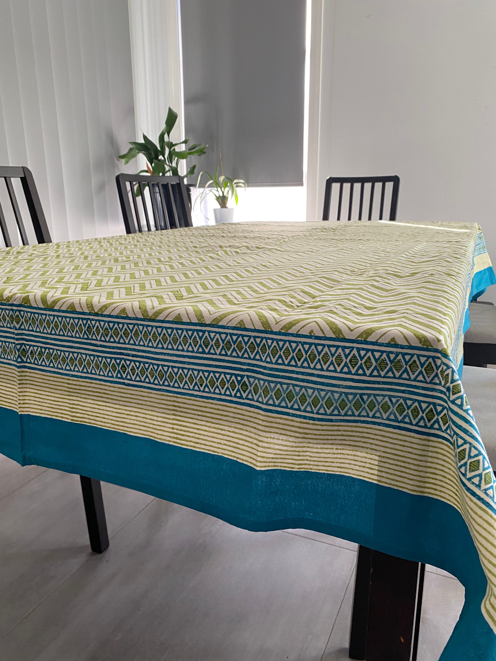 Geometric Green and Blue Block Printed Tablecloth – 100% Cotton, 6–8 Seater – Fair Trade (Sasha India