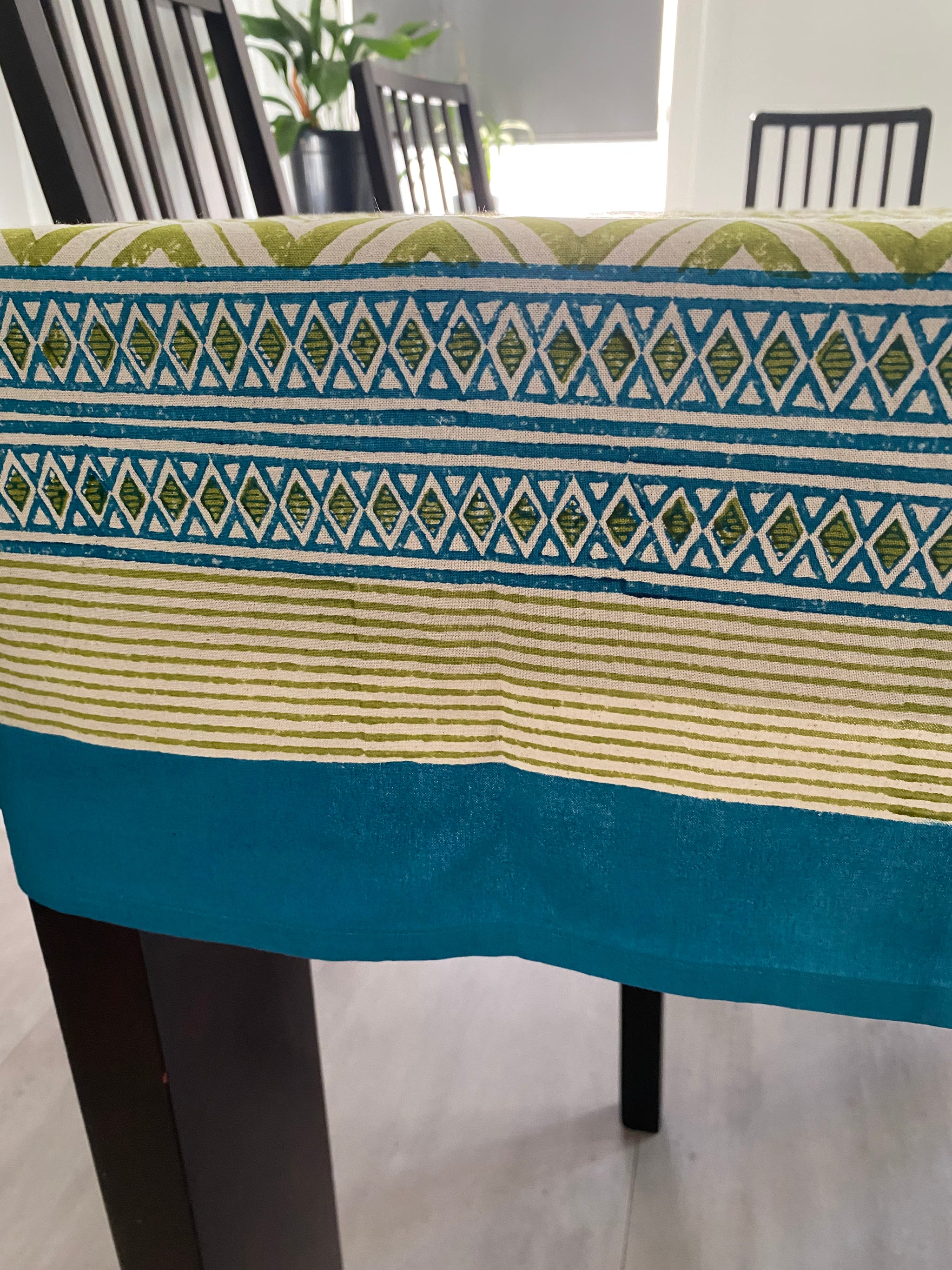 Geometric Green and Blue Block Printed Tablecloth – 100% Cotton, 6–8 Seater – Fair Trade (Sasha India