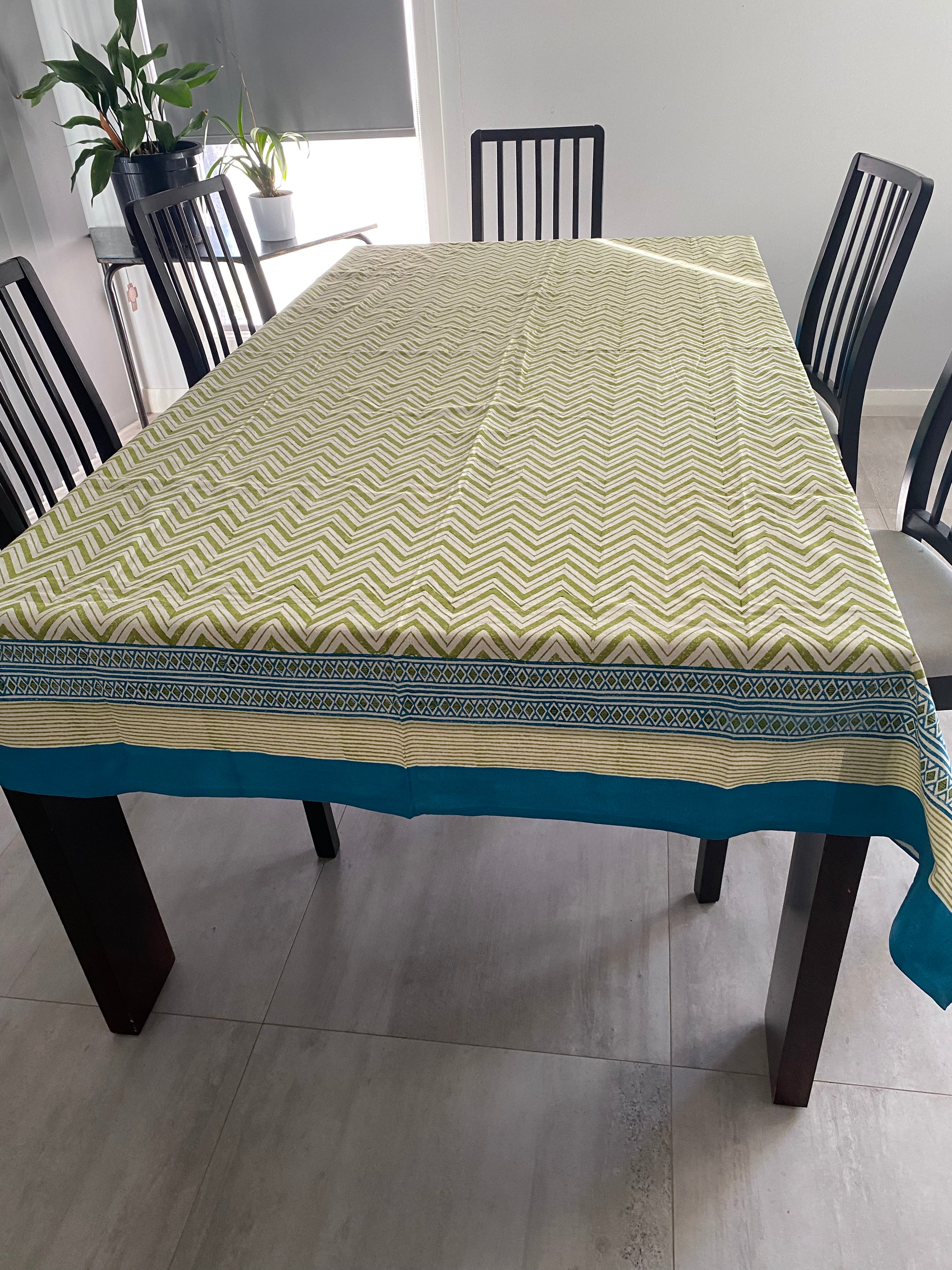 Geometric Green and Blue Block Printed Tablecloth – 100% Cotton, 6–8 Seater – Fair Trade (Sasha India