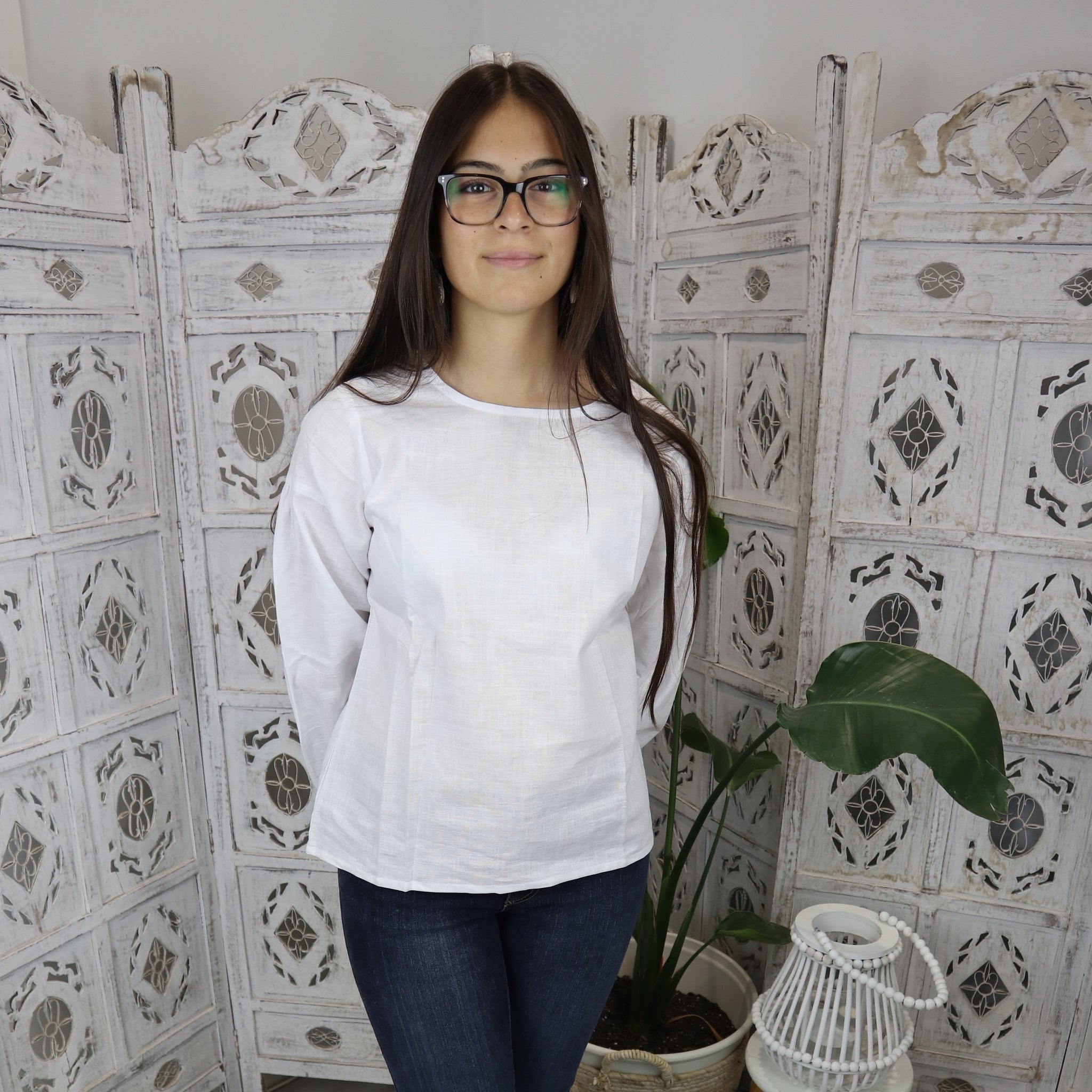 Fair Trade Linen Puff Sleeve Long Top - White