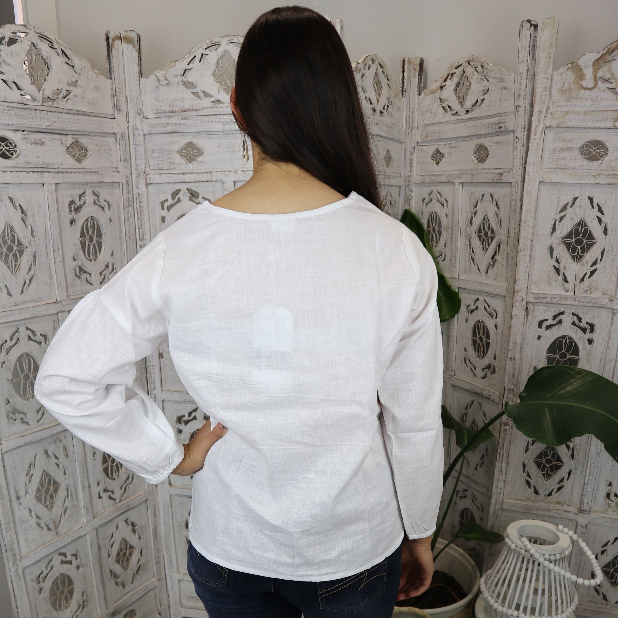 Fair Trade Linen Puff Sleeve Long Top - White