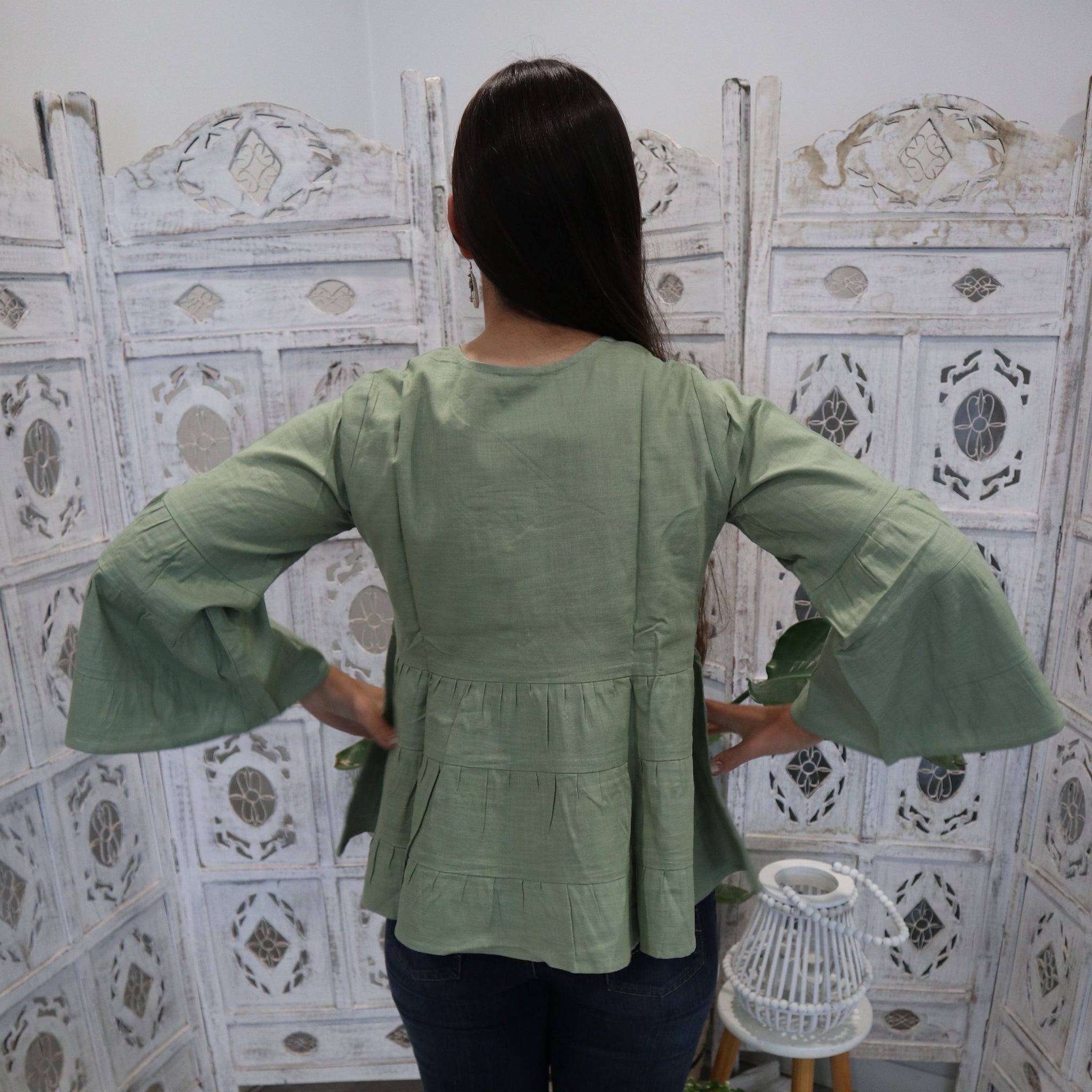 Fair Trade Linen Bell Sleeve Tiered Top - Olive