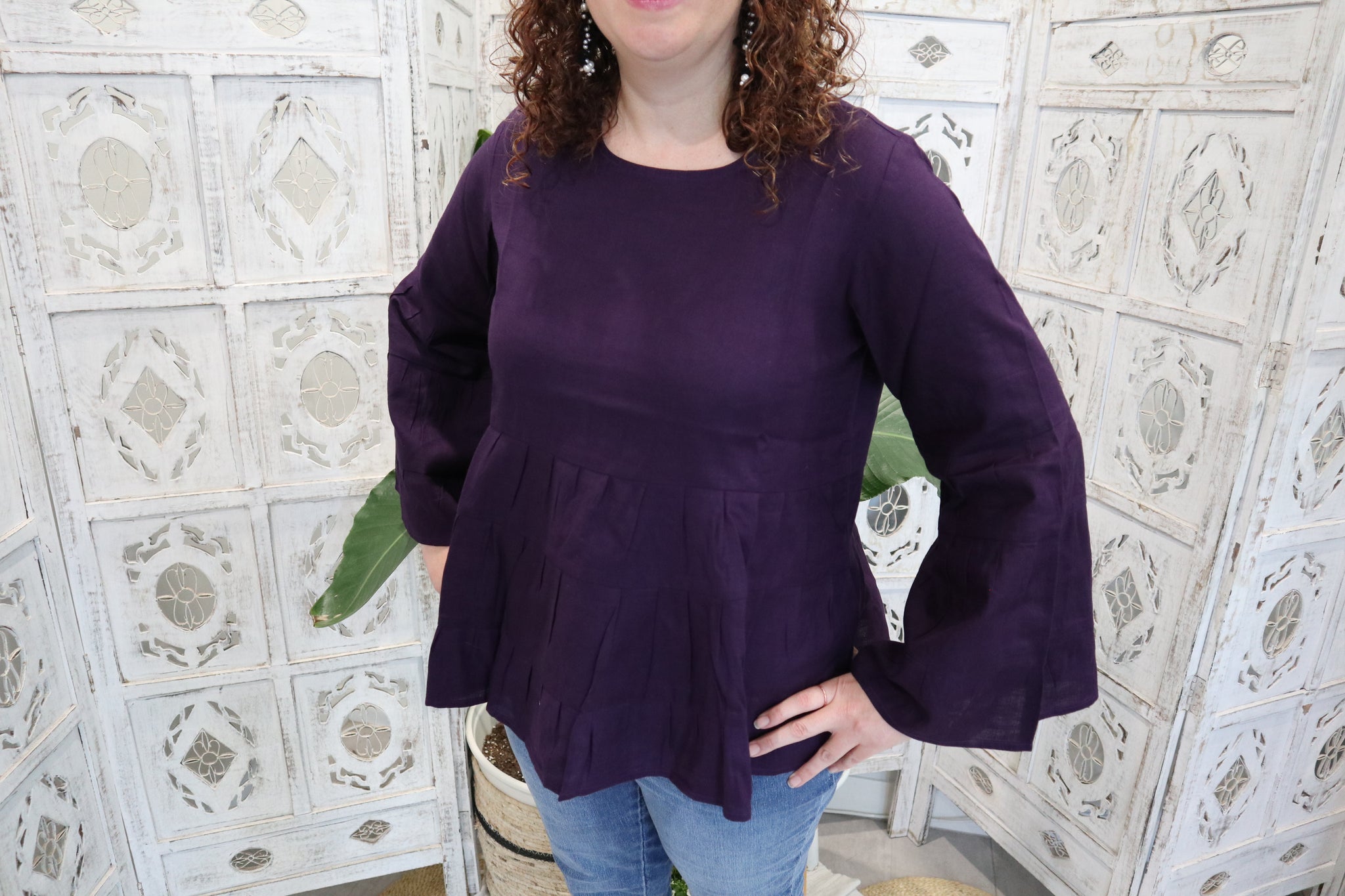 Fair Trade Linen Bell Sleeve Tiered Top - Violet/ Purple