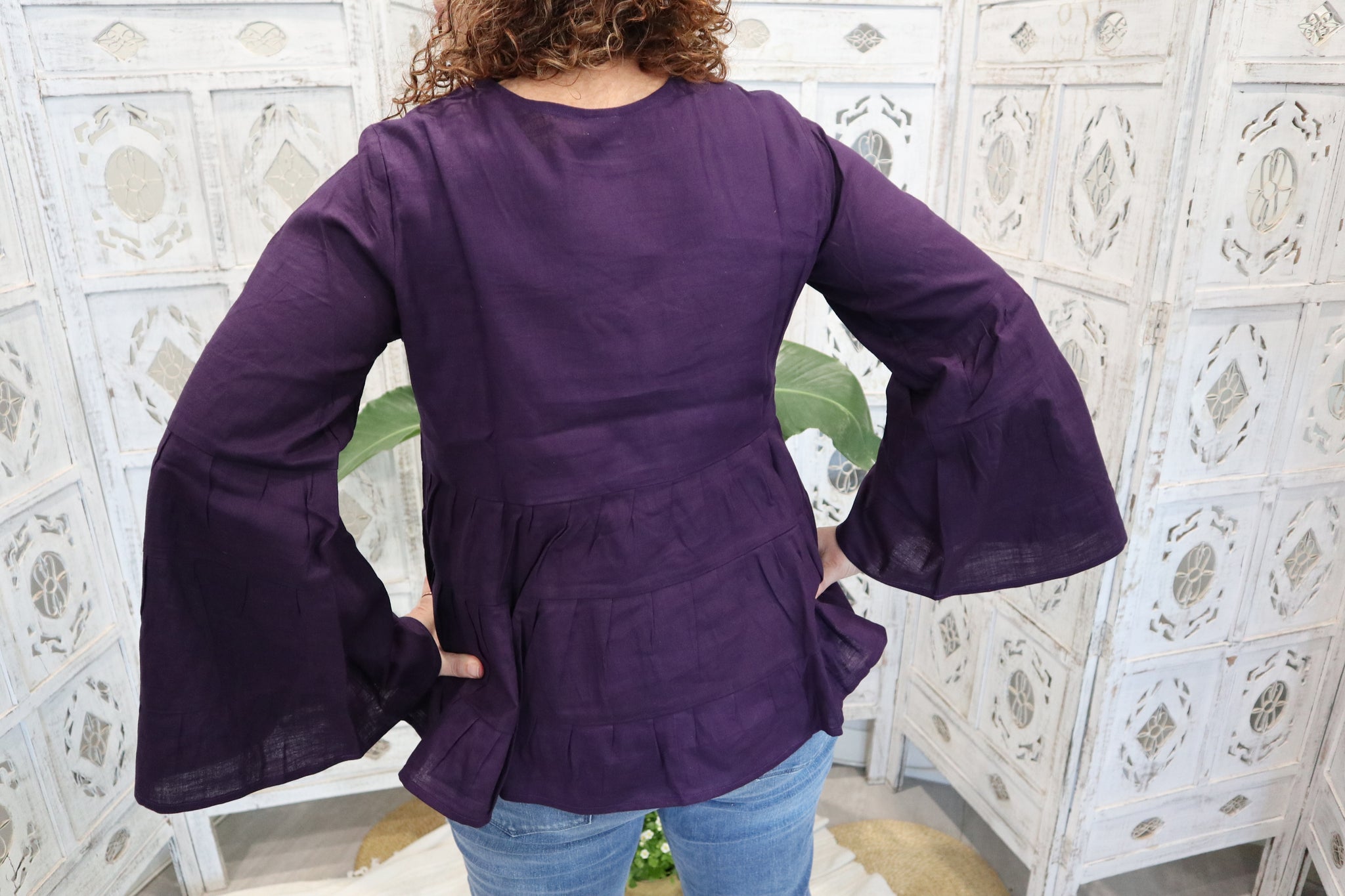 Fair Trade Linen Bell Sleeve Tiered Top - Violet/ Purple