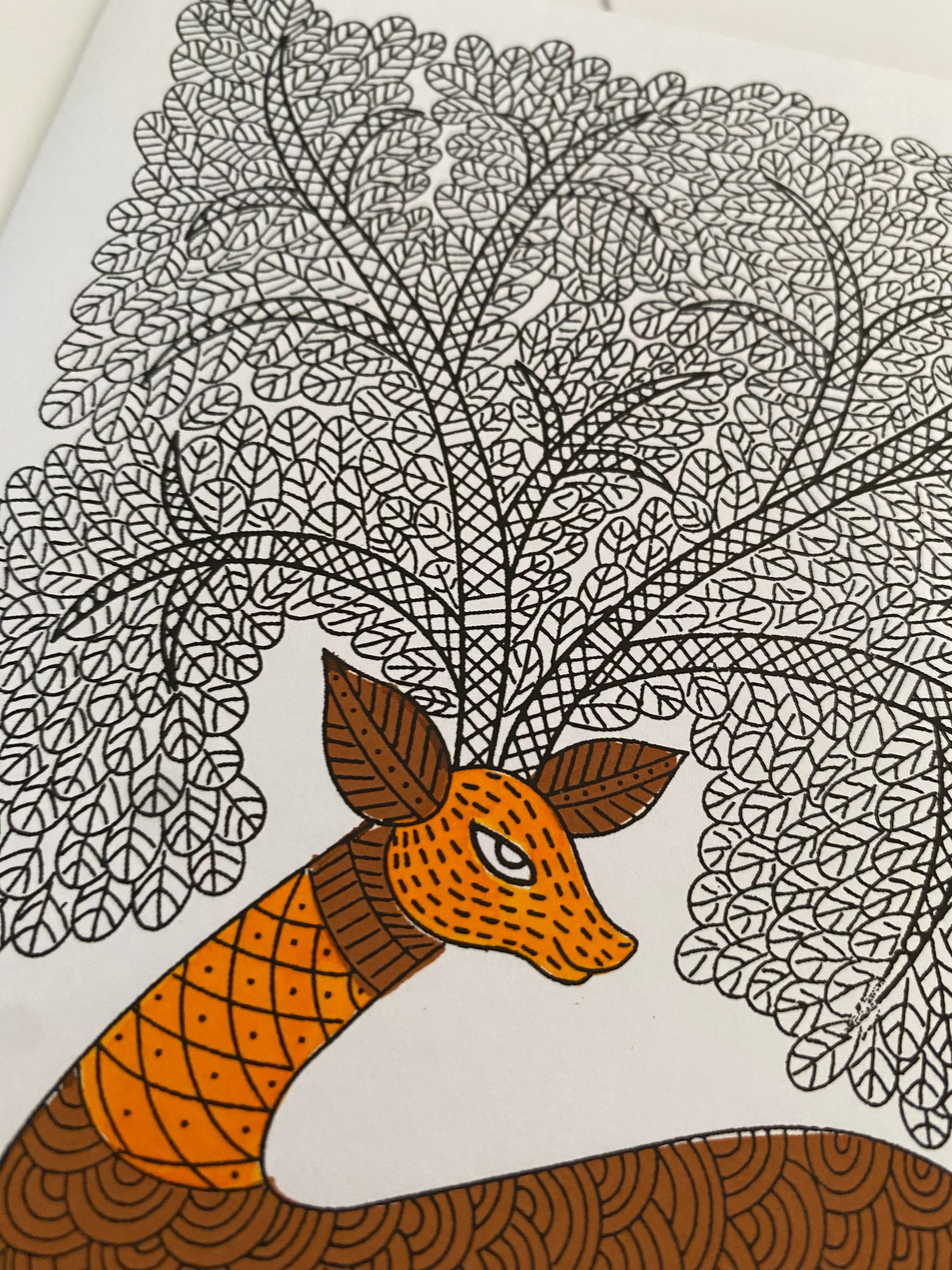 Artistic depiction of a deer peeking from behind a tree with intricate line work.