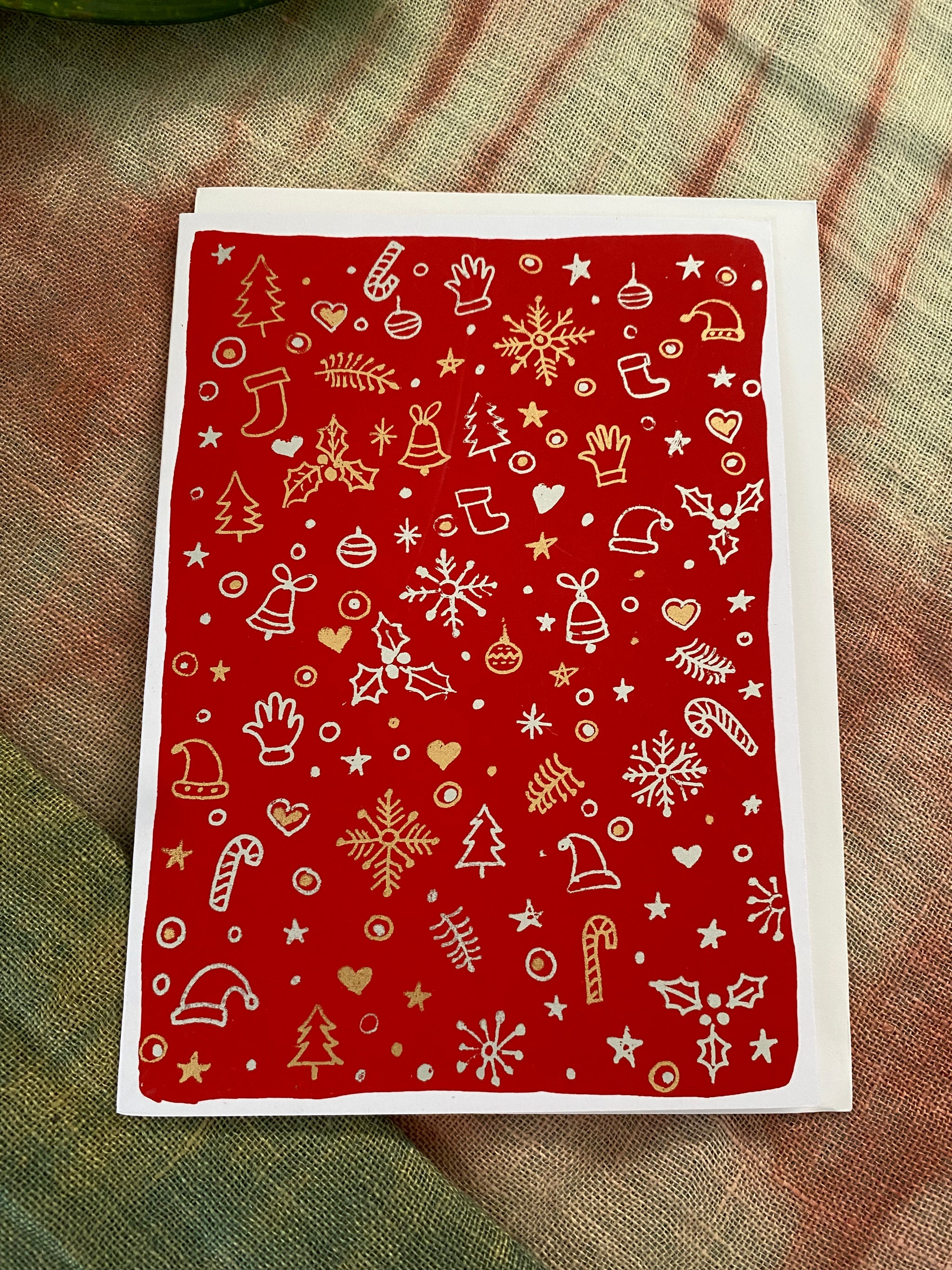 Festive Treasures – Fair Trade, Screen Printed, Red Christmas Icons Card (Silence India)