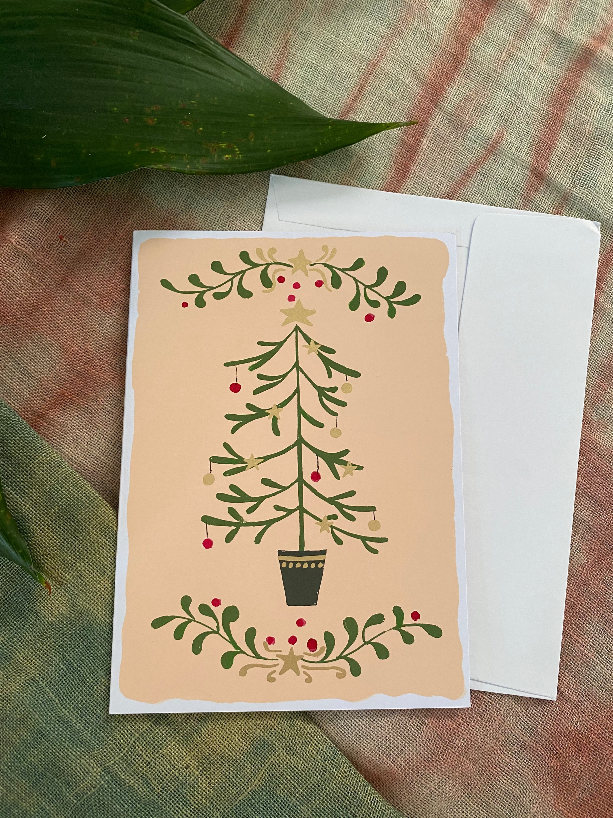 Greeting card with a festive design on a textured surface