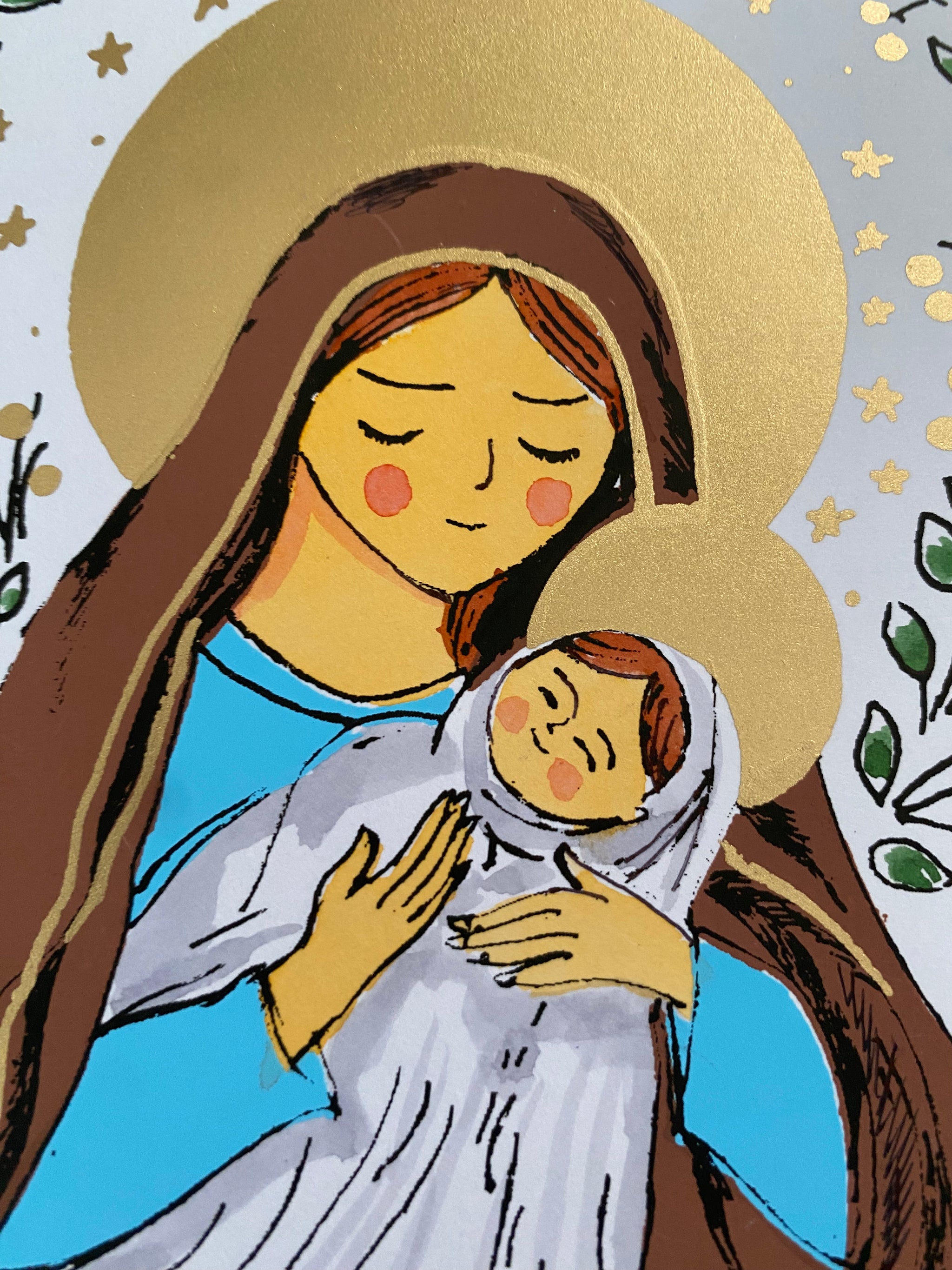 Illustration of a woman holding a baby with a gold halo against a starry background
