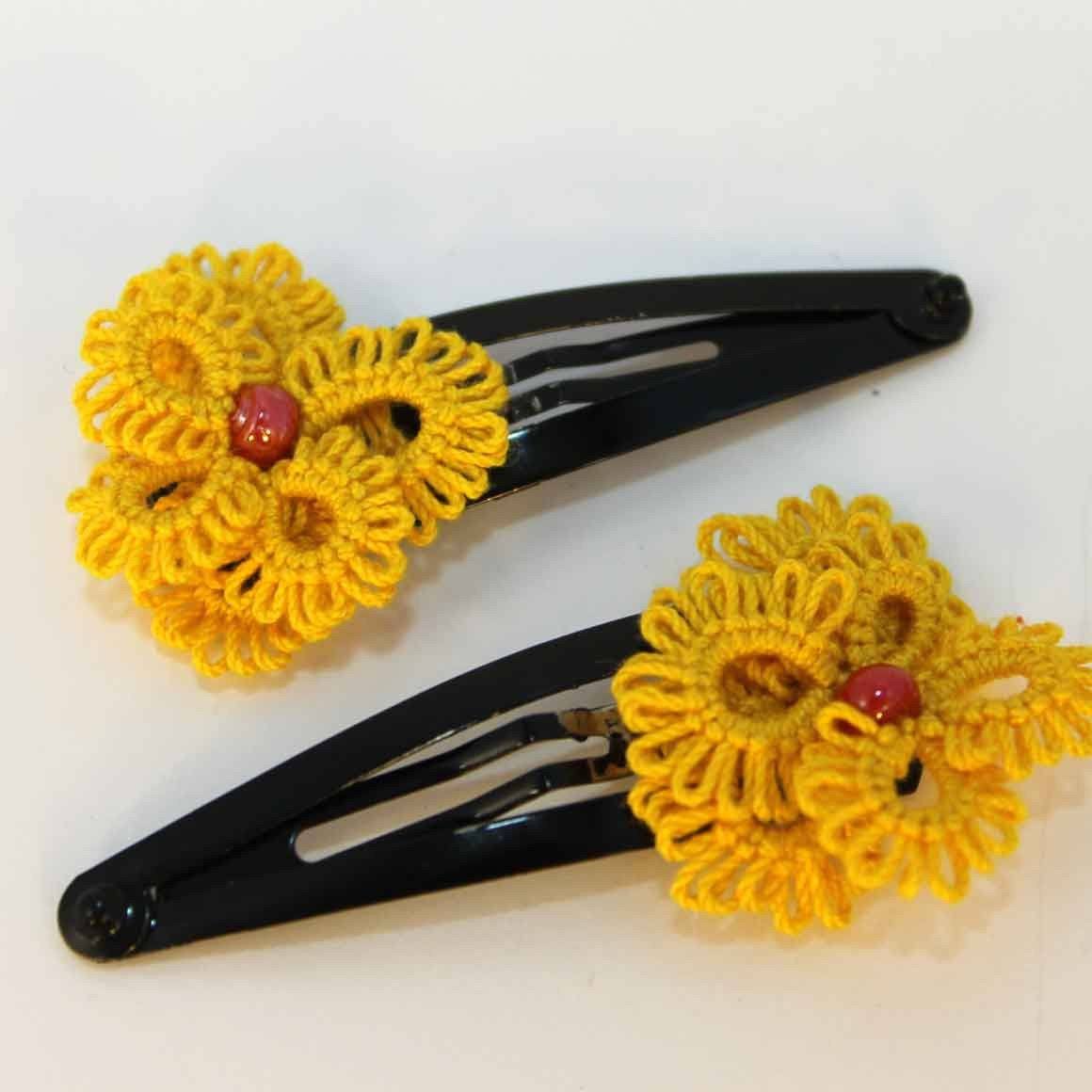 Fair Trade  Ethical Pair of Tatted Hair Clips Center Bead