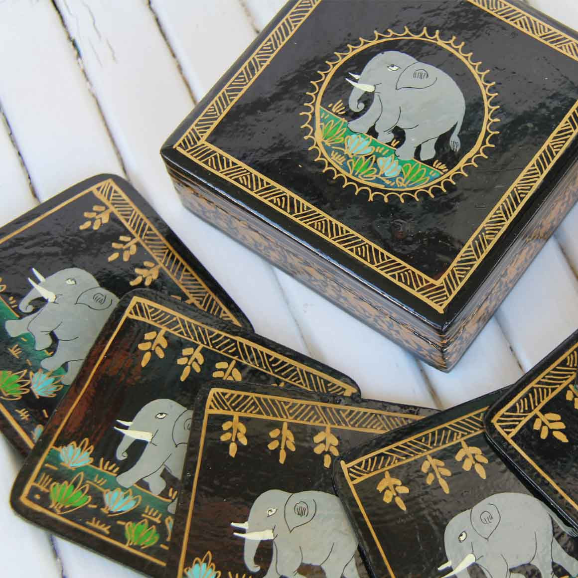 Fair Trade Ethical Homewares and Decoration Square Wooden Coaster Set Elephant Black