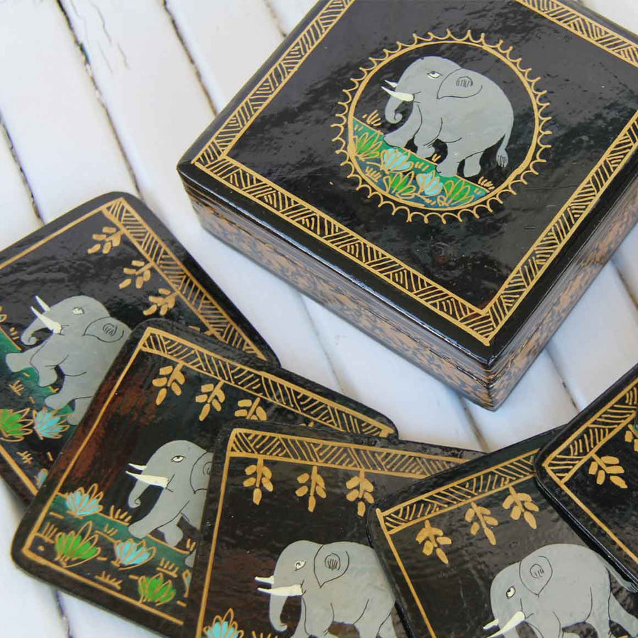 Fair Trade Ethical Homewares and Decoration Square Wooden Coaster Set Elephant Black