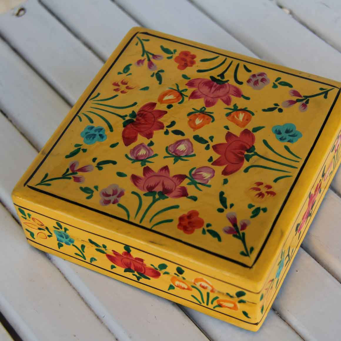 Fair Trade Ethical Homewares and Decoration Square Wooden Coaster Set Yellow Flowers