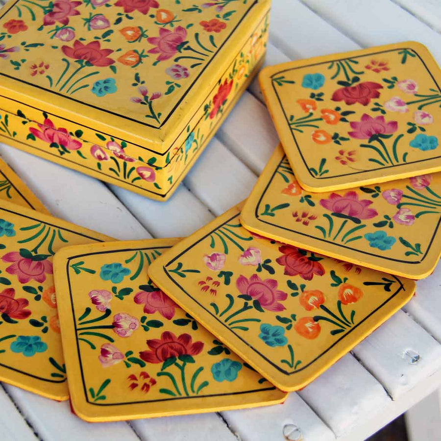 Fair Trade Ethical Homewares and Decoration Square Wooden Coaster Set Yellow Flowers