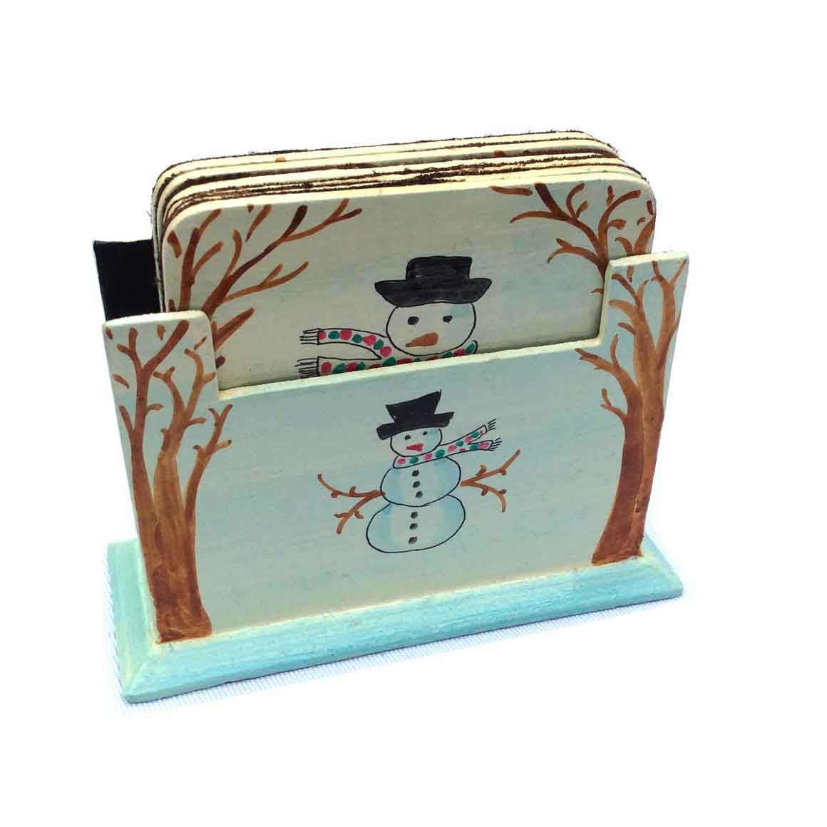 Fair Trade Ethical Christmas Decoration Hand Painted Coaster Set Snowman
