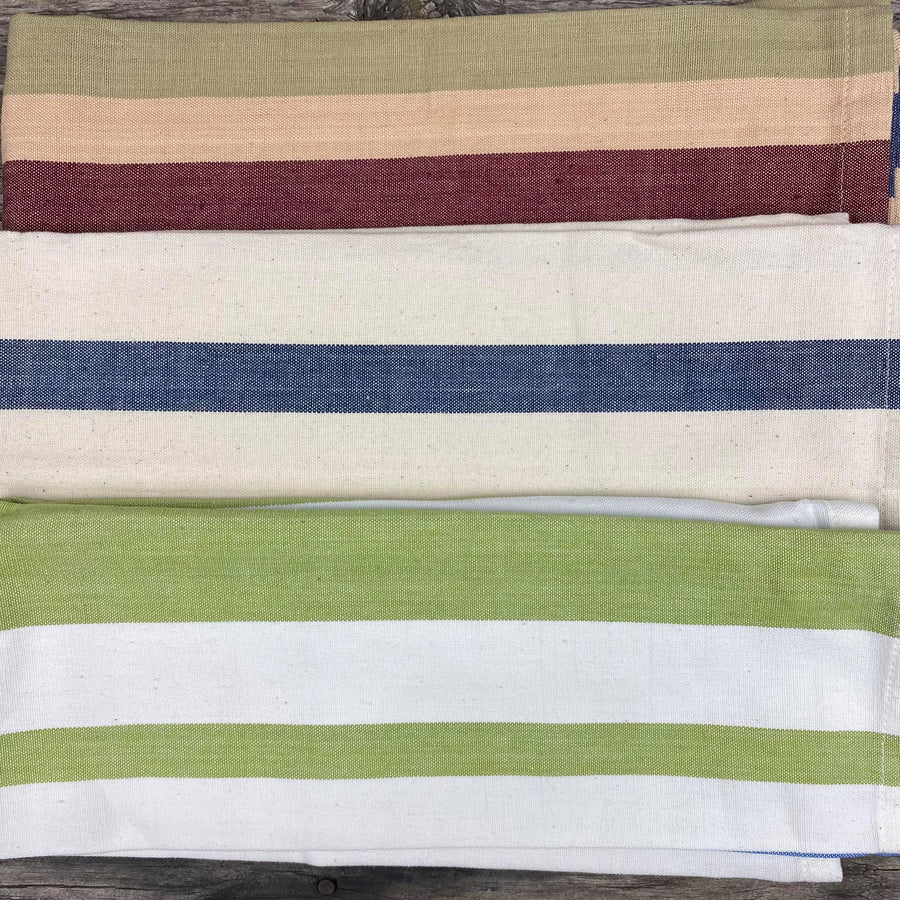 Fair trade ethical handwoven striped cotton tea towels in green, blue and a maroon, beige and green colouring