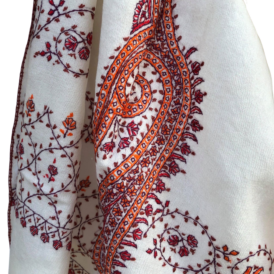 Fair Trade Embroidered Wool Shawl/Stole/Scarf (White Paisley)