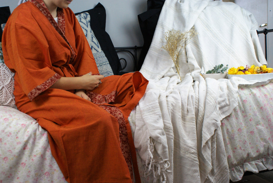 Fair Trade Ethical Cotton Robe Orange With Flowers