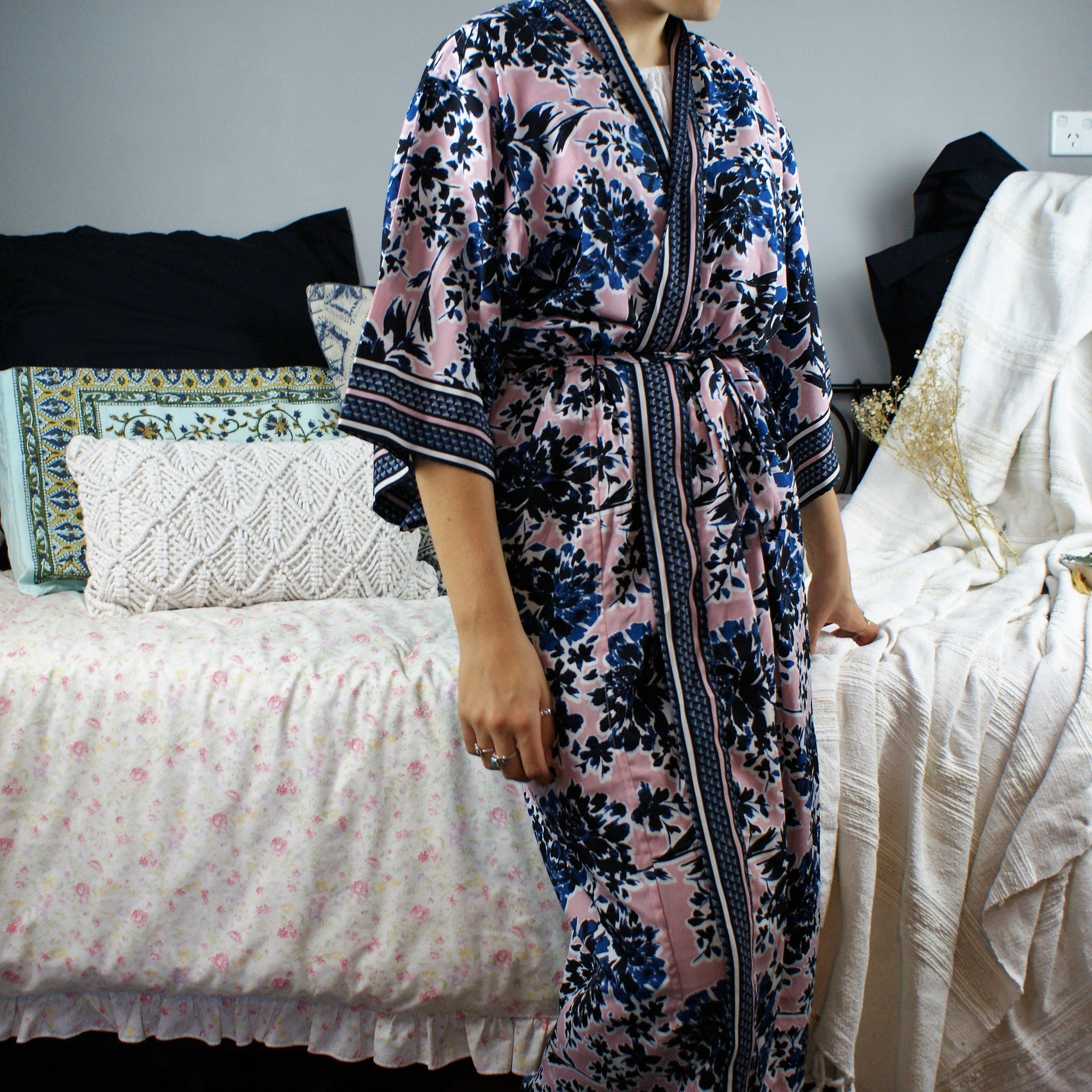 pink dressing gown with blue flowers