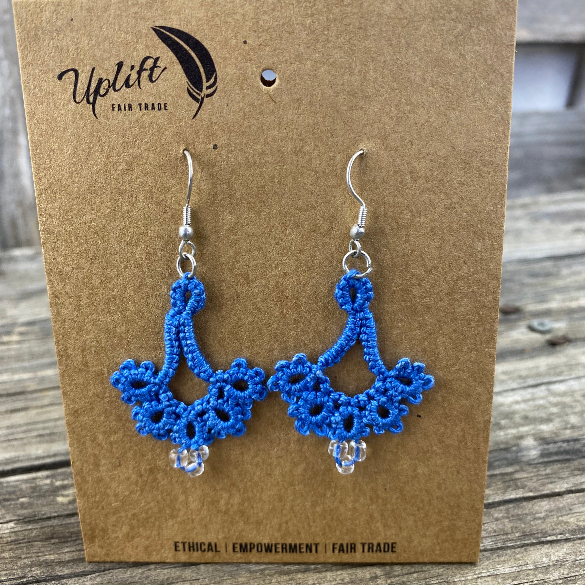 Blue  fan-shaped tatted earrings with 3 small beads.