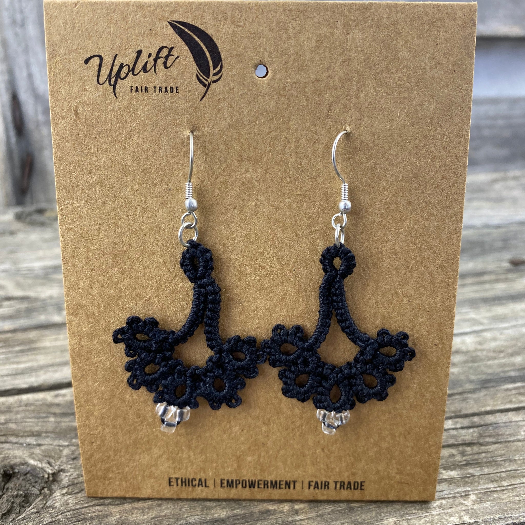 Black  fan-shaped tatted earrings with 3 small beads.