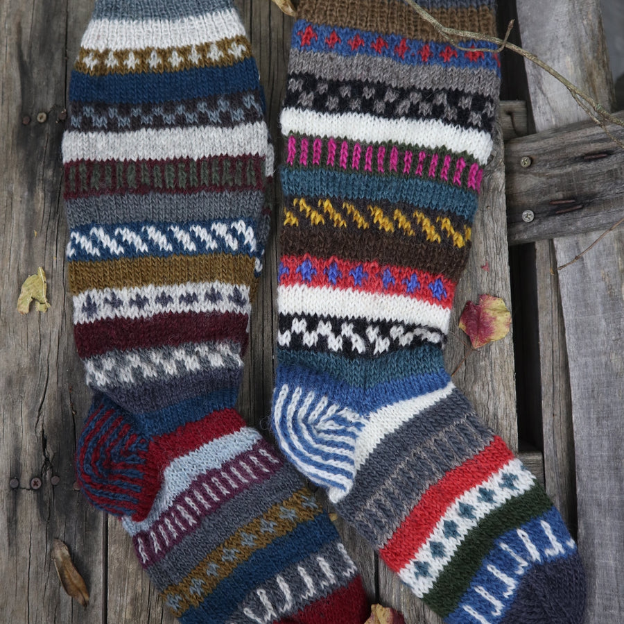 Fair Trade Ethical Long Patterned Socks in Grey Brown Blue