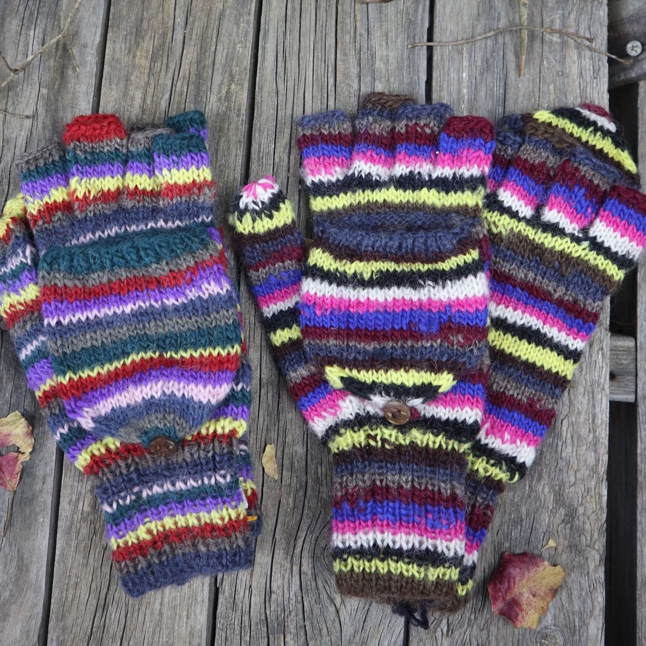 Fair Trade Ethical Adult Fingerless Gloves with Cap in Striped Design Yellows