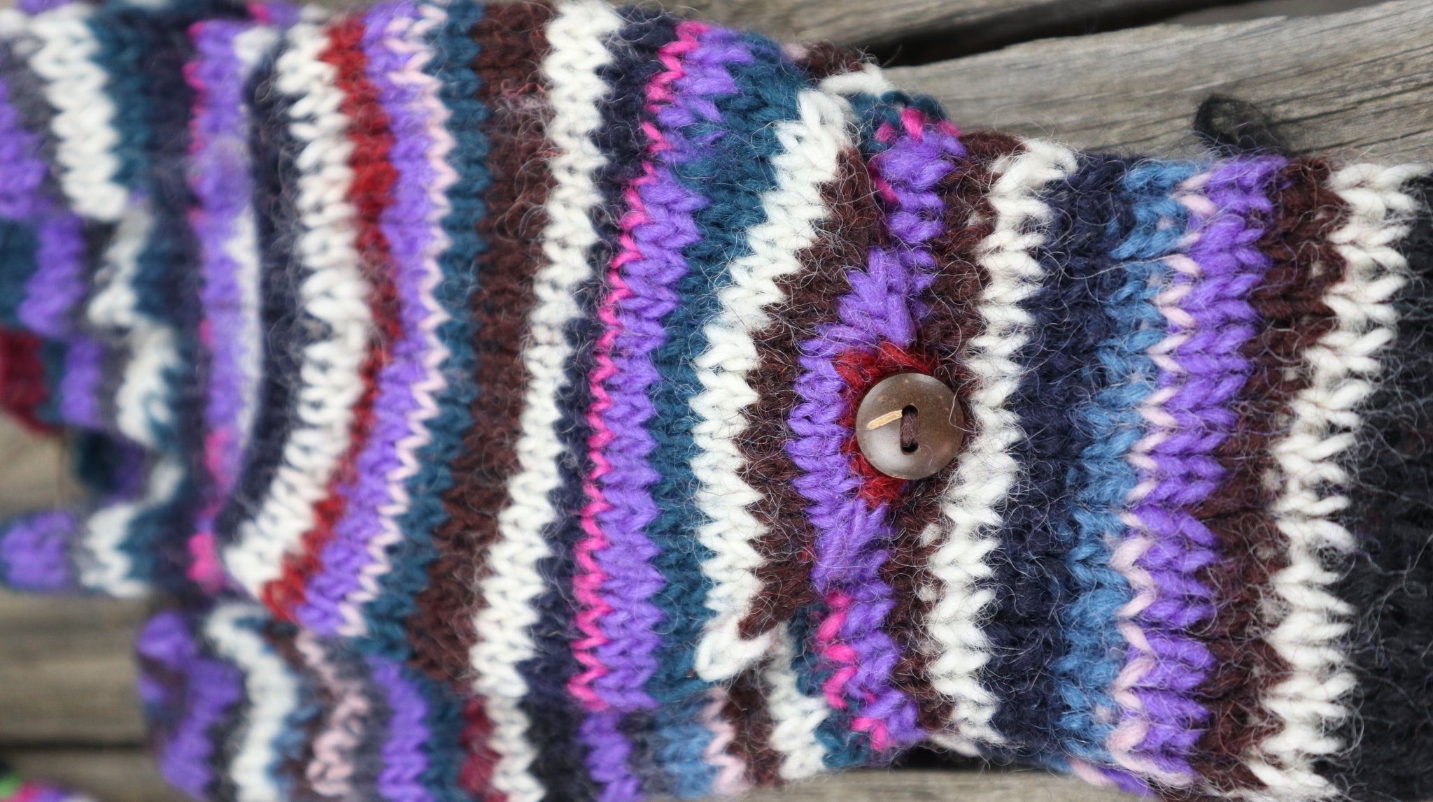 Fair Trade Ethical Adult Fingerless Gloves with Cap in Striped Brown Designs