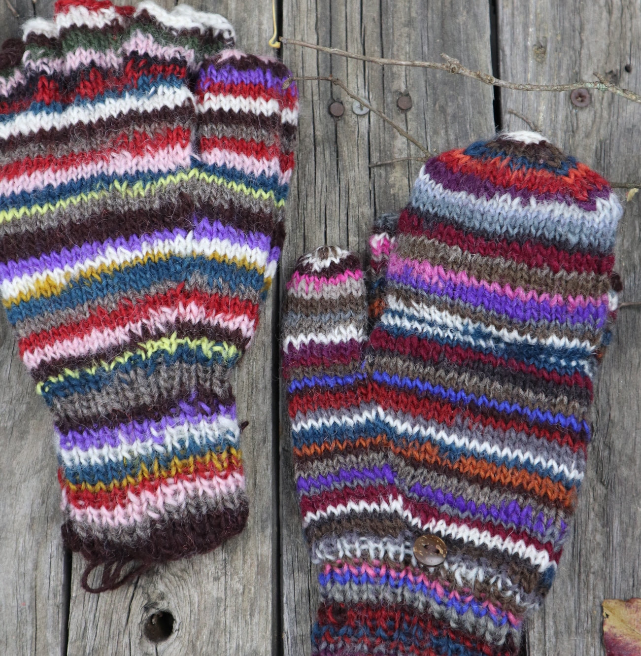 Fair Trade Ethical Adult Fingerless Gloves with Cap in Striped Brown Designs