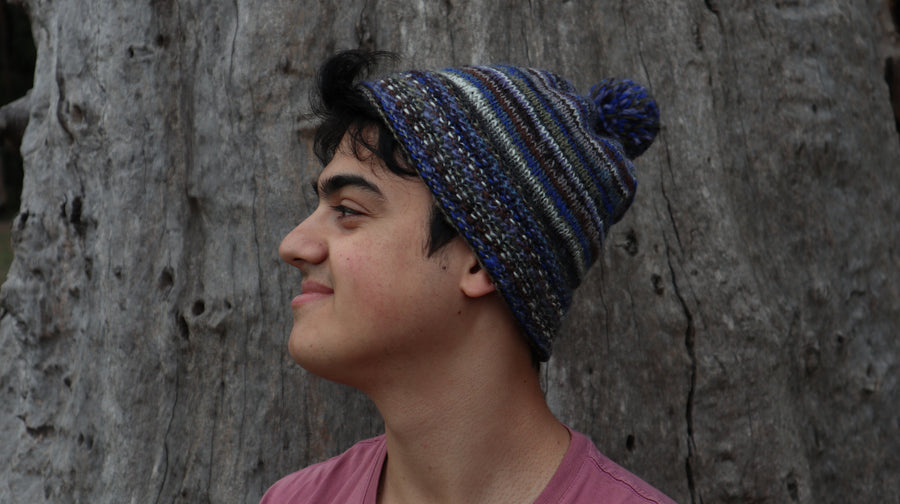 Fair Trade Ethical Woollen Beanie in Striped Multi Coloured Design with Pom Pom