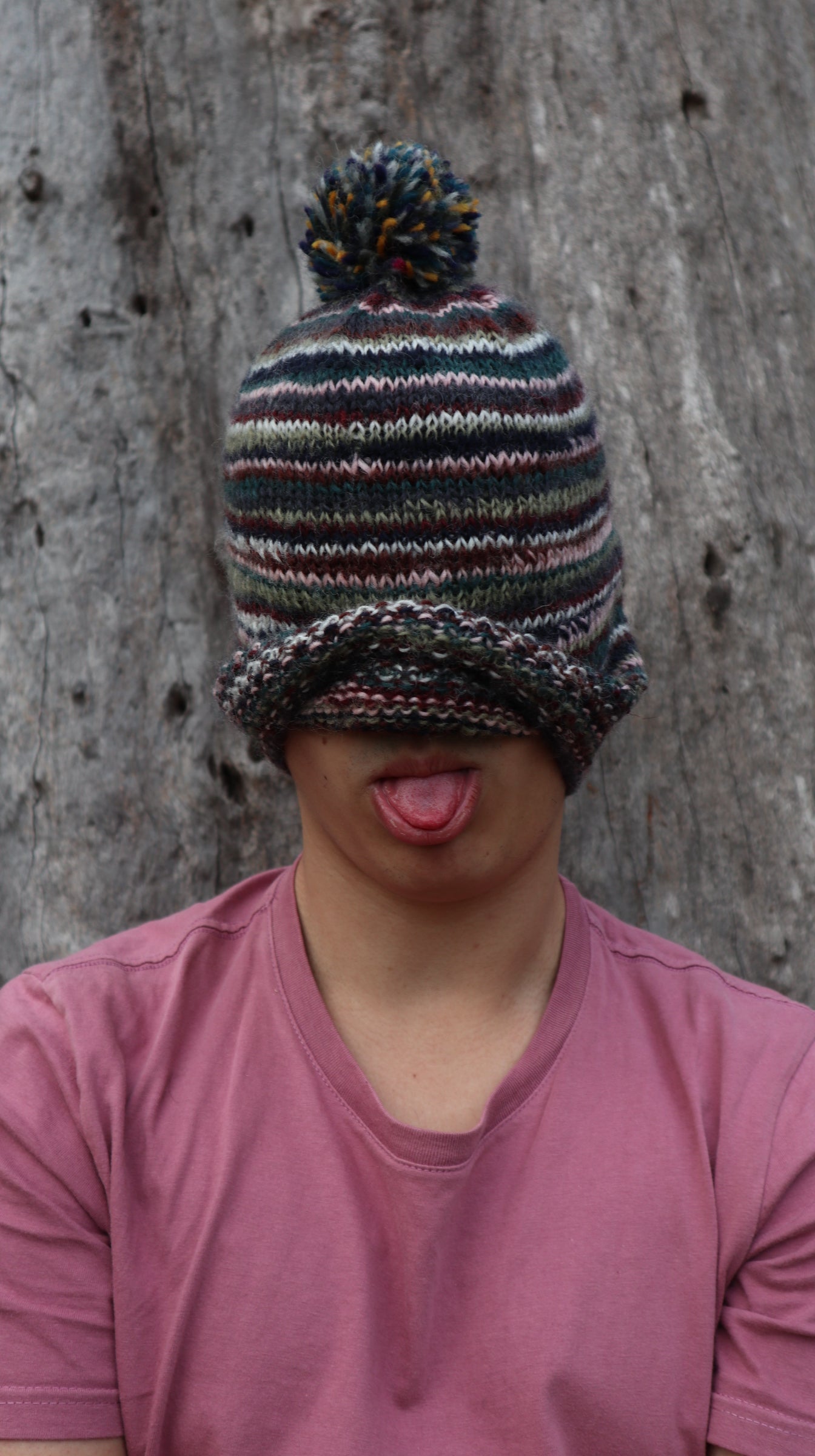 Fair Trade Ethical Woollen Beanie in Striped Multi Coloured Design with Pom Pom
