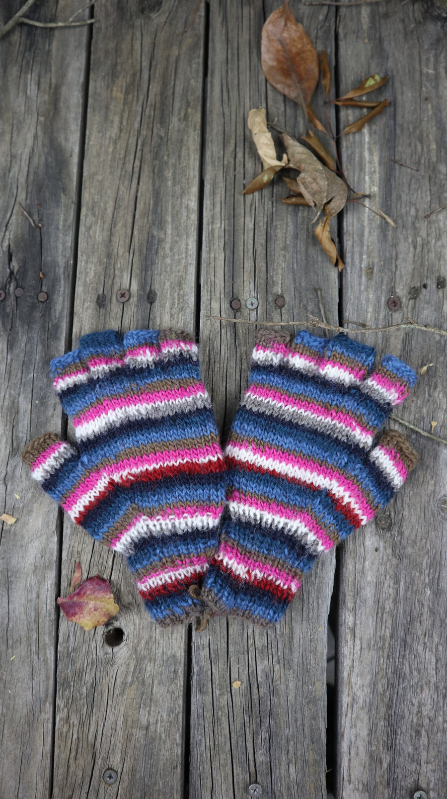 Fair Trade Ethical Children's Striped Fingerless Gloves with Cap in Pink, Brown and Black