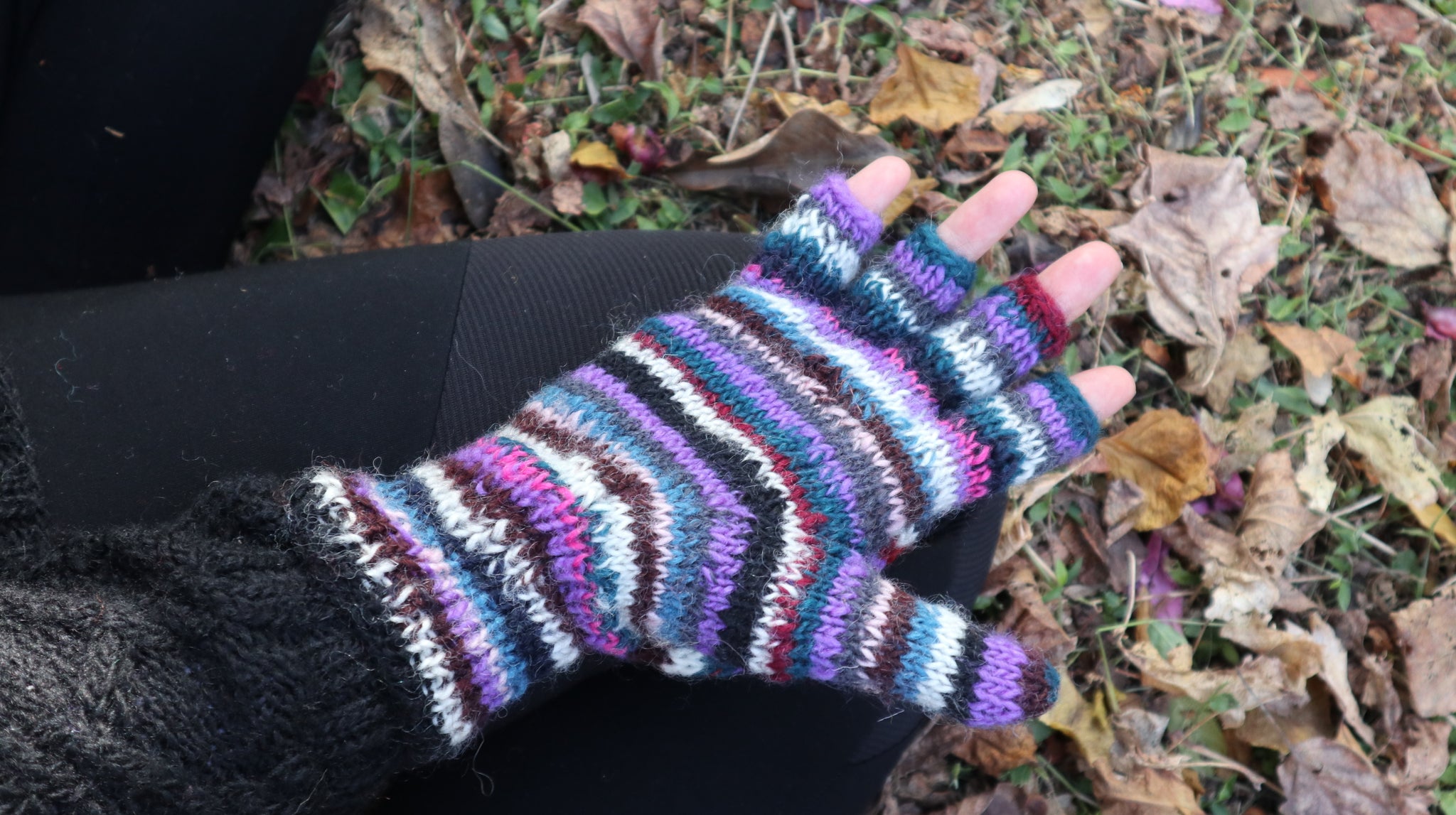 Fair Trade Ethical Adult Fingerless Gloves with Cap in Striped Brown Designs