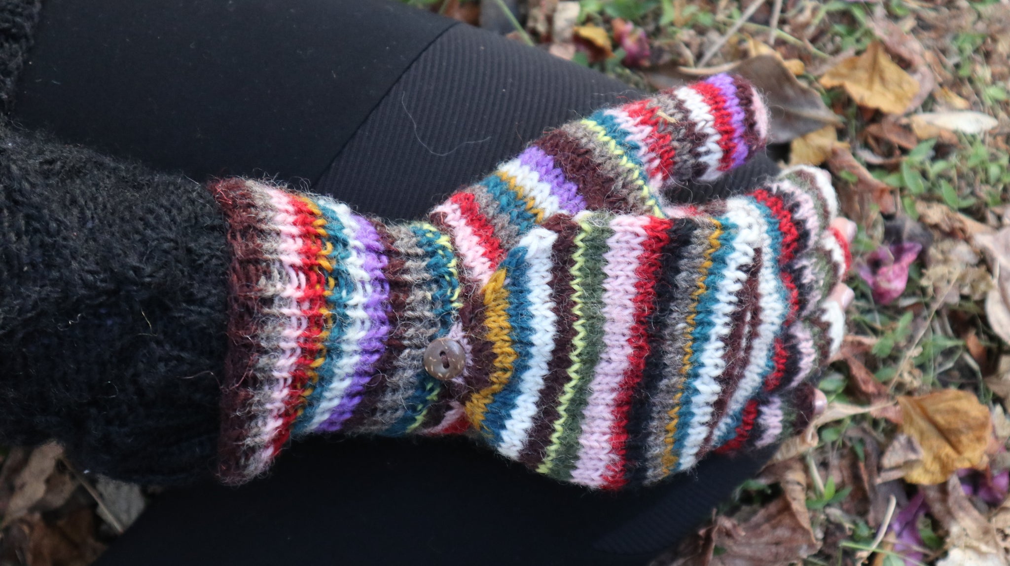 Fair Trade Ethical Adult Fingerless Gloves with Cap in Striped Brown Designs