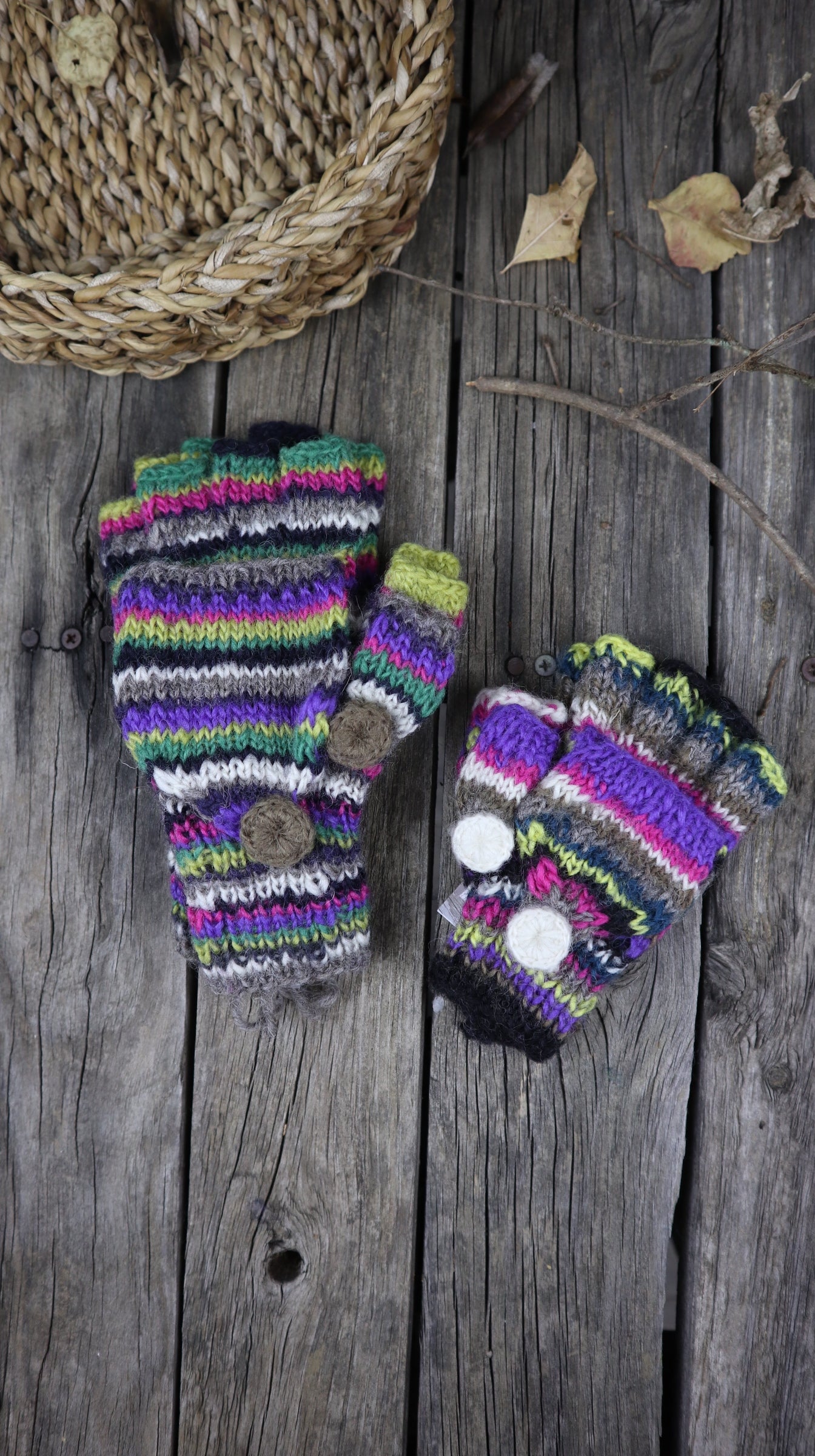 Fair Trade Ethical Children's Striped Fingerless Gloves with Cap in Pink, Purple, Yellow and Green