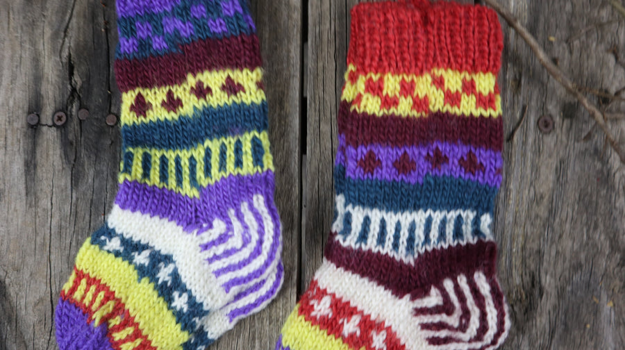Fair Trade Ethical Children's Woollen Patterned Socks in Purple, Green and Yellow