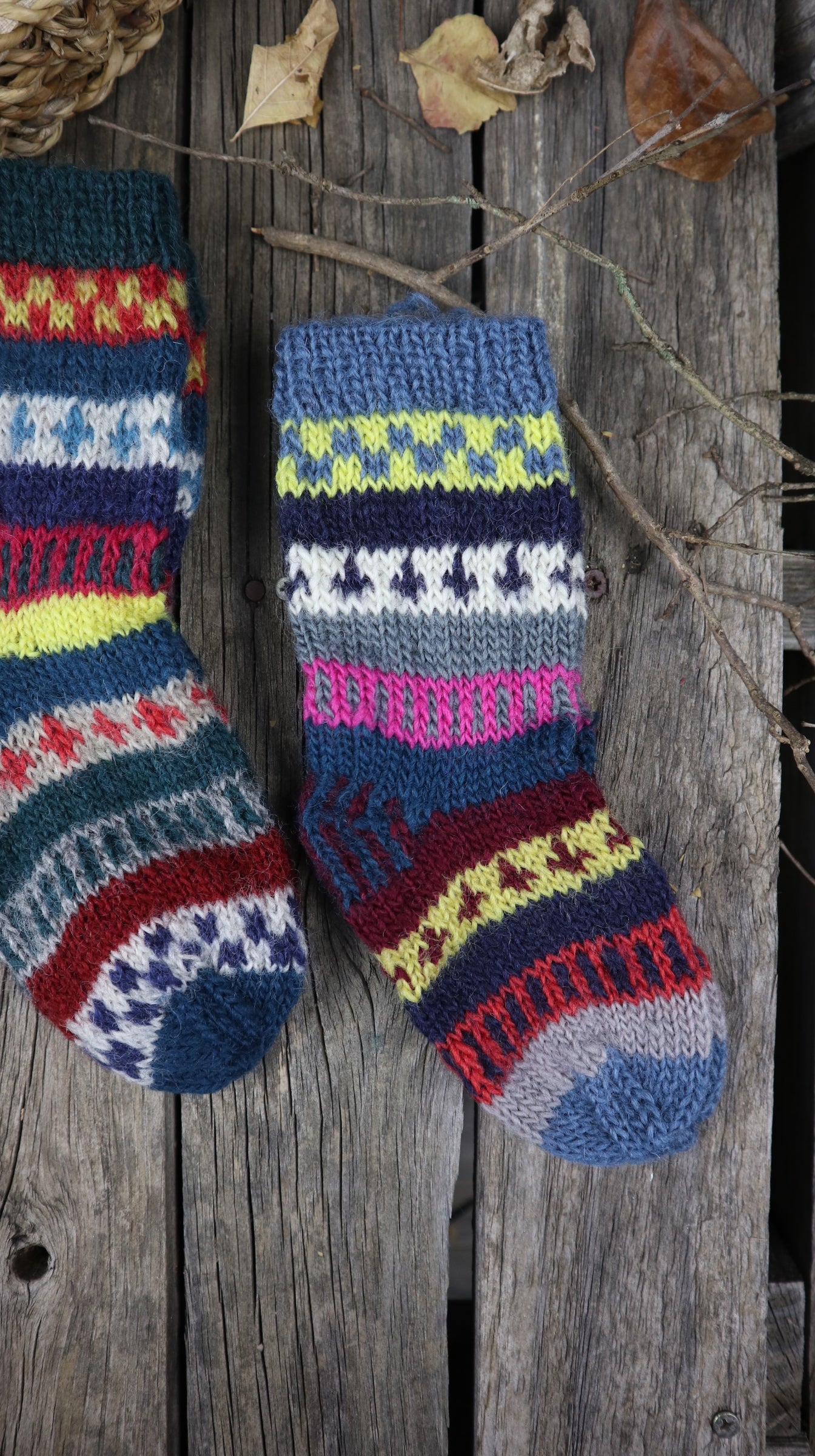 Fair Trade Ethical Children's Patterned Woollen Socks in Green, Grey and Red