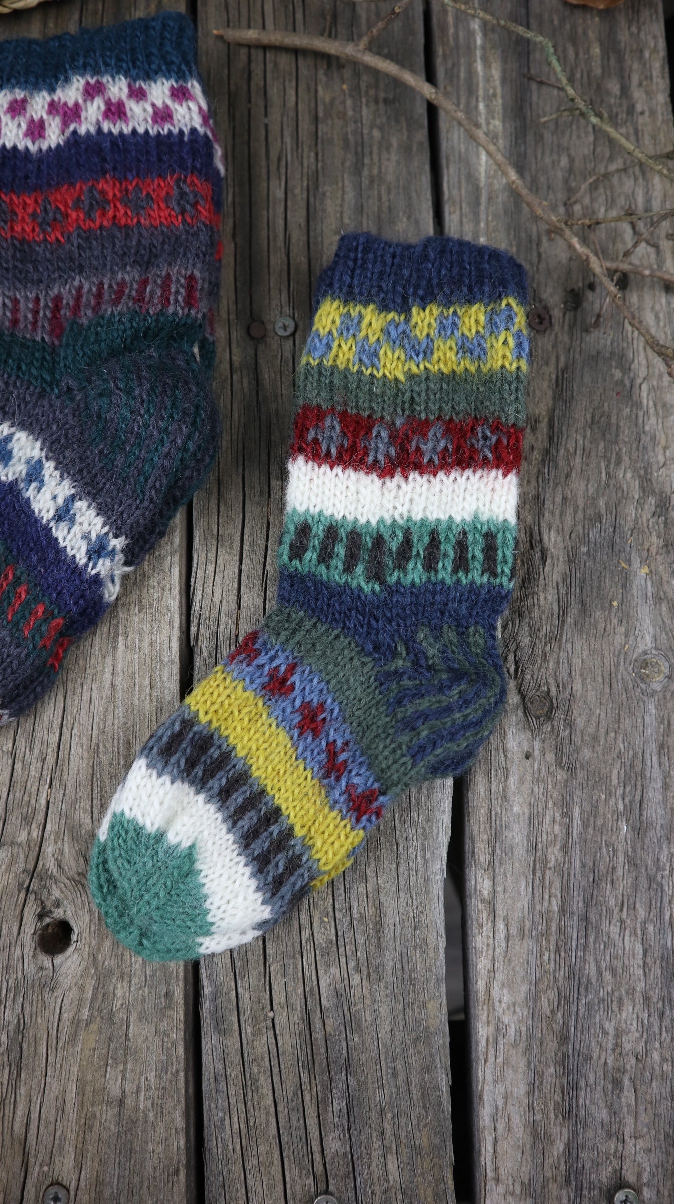 Fair Trade Ethical Children's Patterned Woollen Socks in Green, Brown and Red