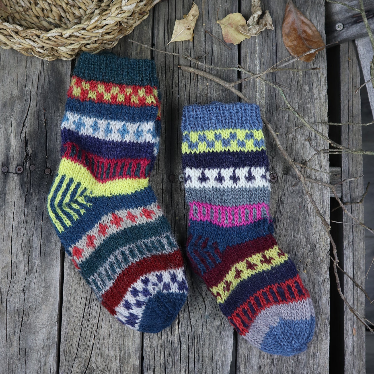 Fair Trade Ethical Children's Patterned Woollen Socks in Green, Grey and Red