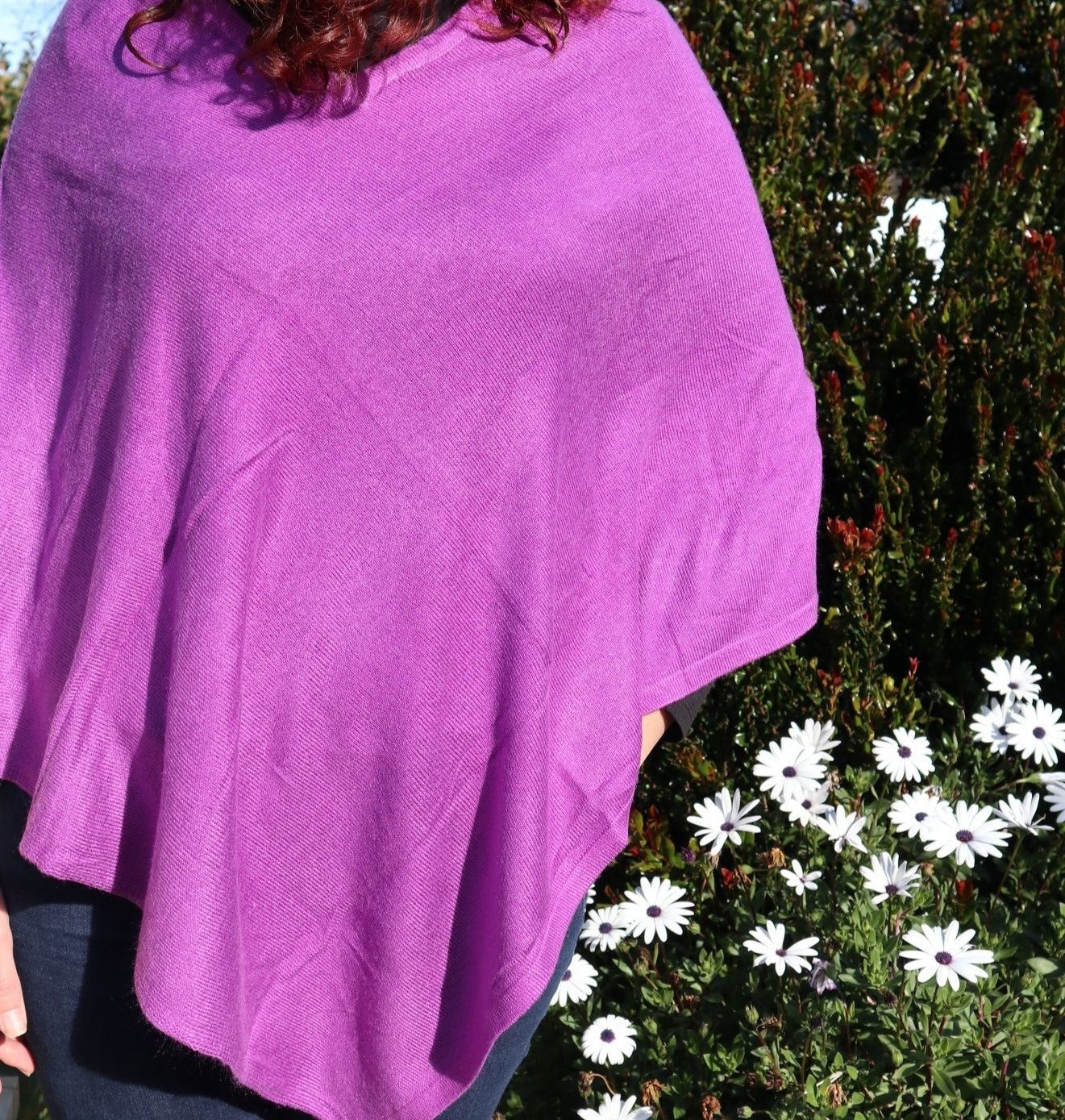 Fair Trade V neck ethical cashmere poncho in a orchid purple colour