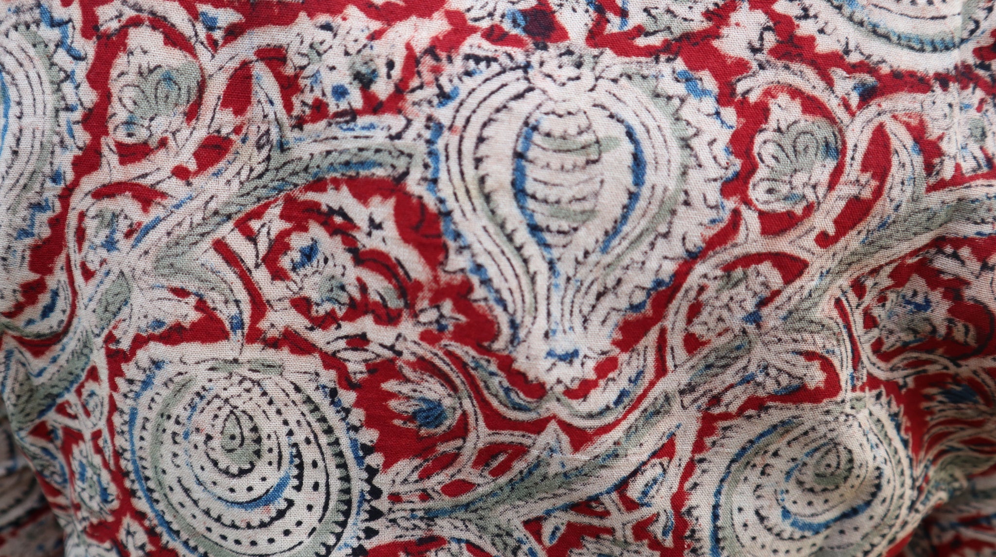 Fair trade ethical bell sleeve top with square neck, Red patterned design with traditional Indian Tanjore Art - branches with abstract fruit and leaves are displayed
