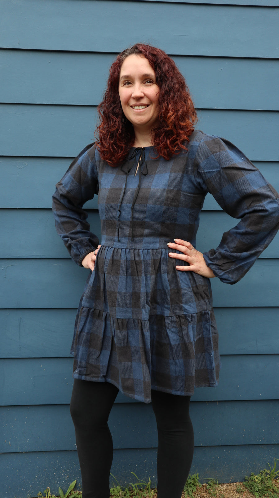 Fair Trade Blue and Black Checkered Puffed Sleeve Twill Dress