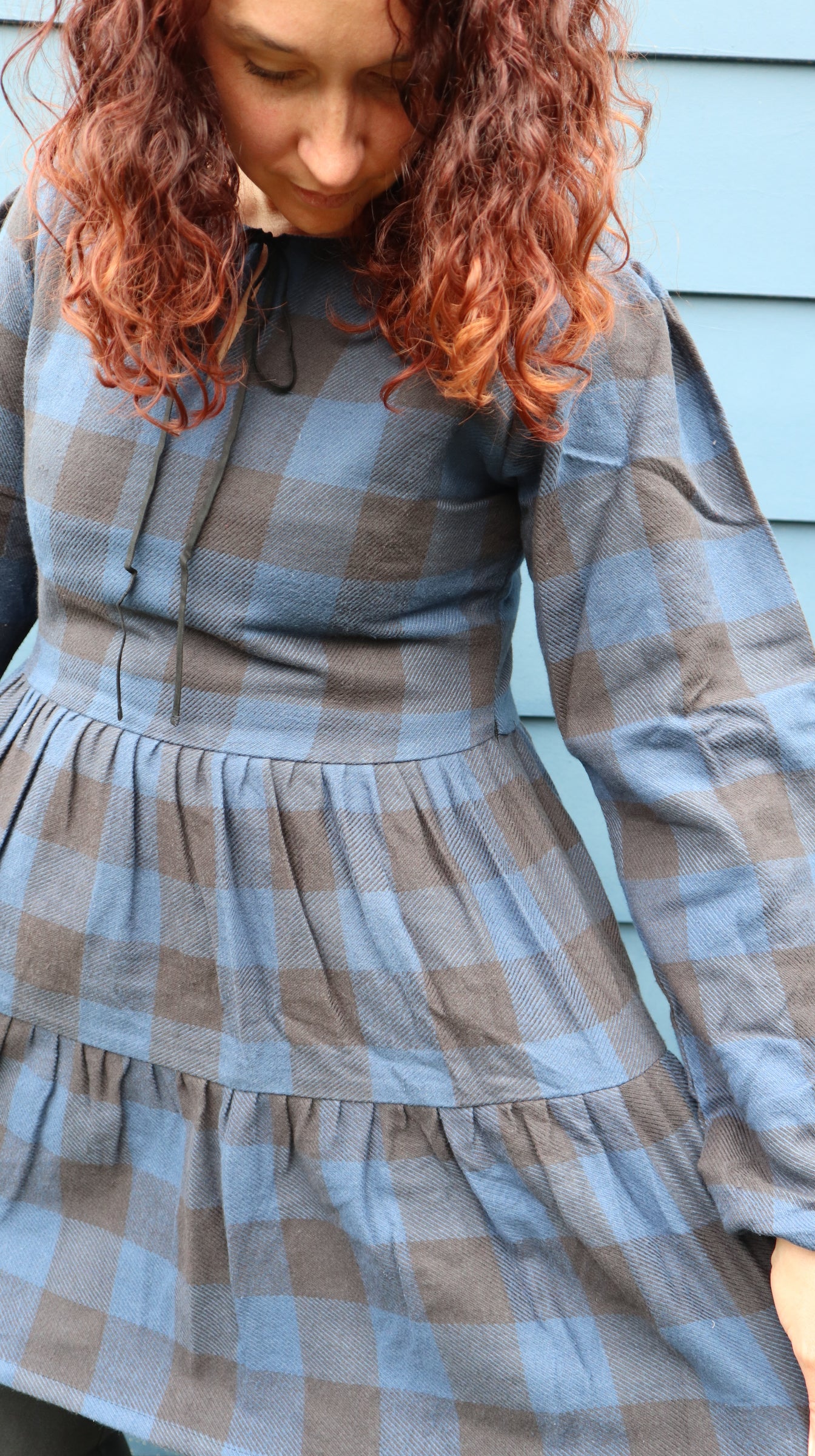 Fair Trade Blue and Black Checkered Puffed Sleeve Twill Dress
