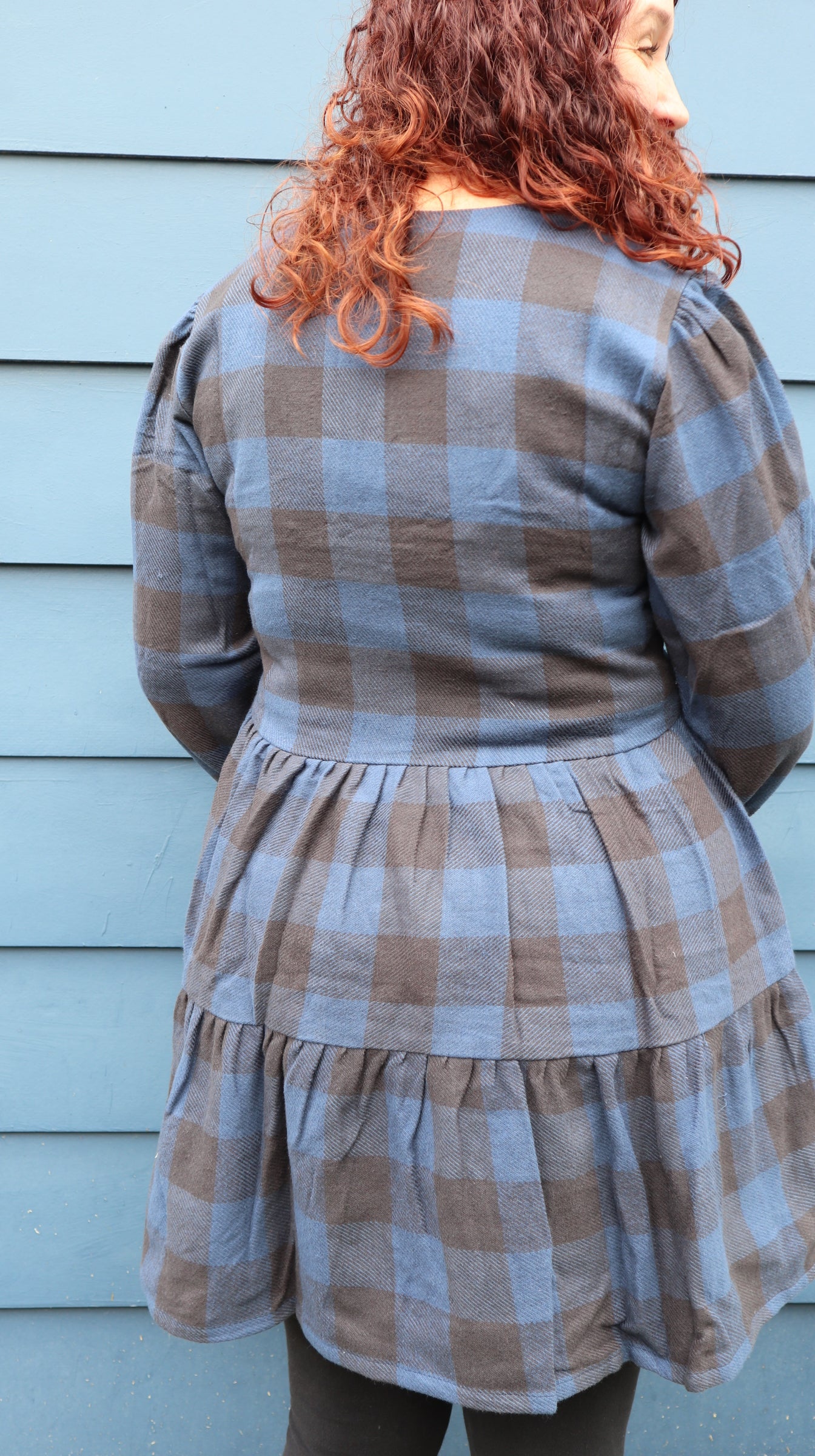 Fair Trade Blue and Black Checkered Puffed Sleeve Twill Dress