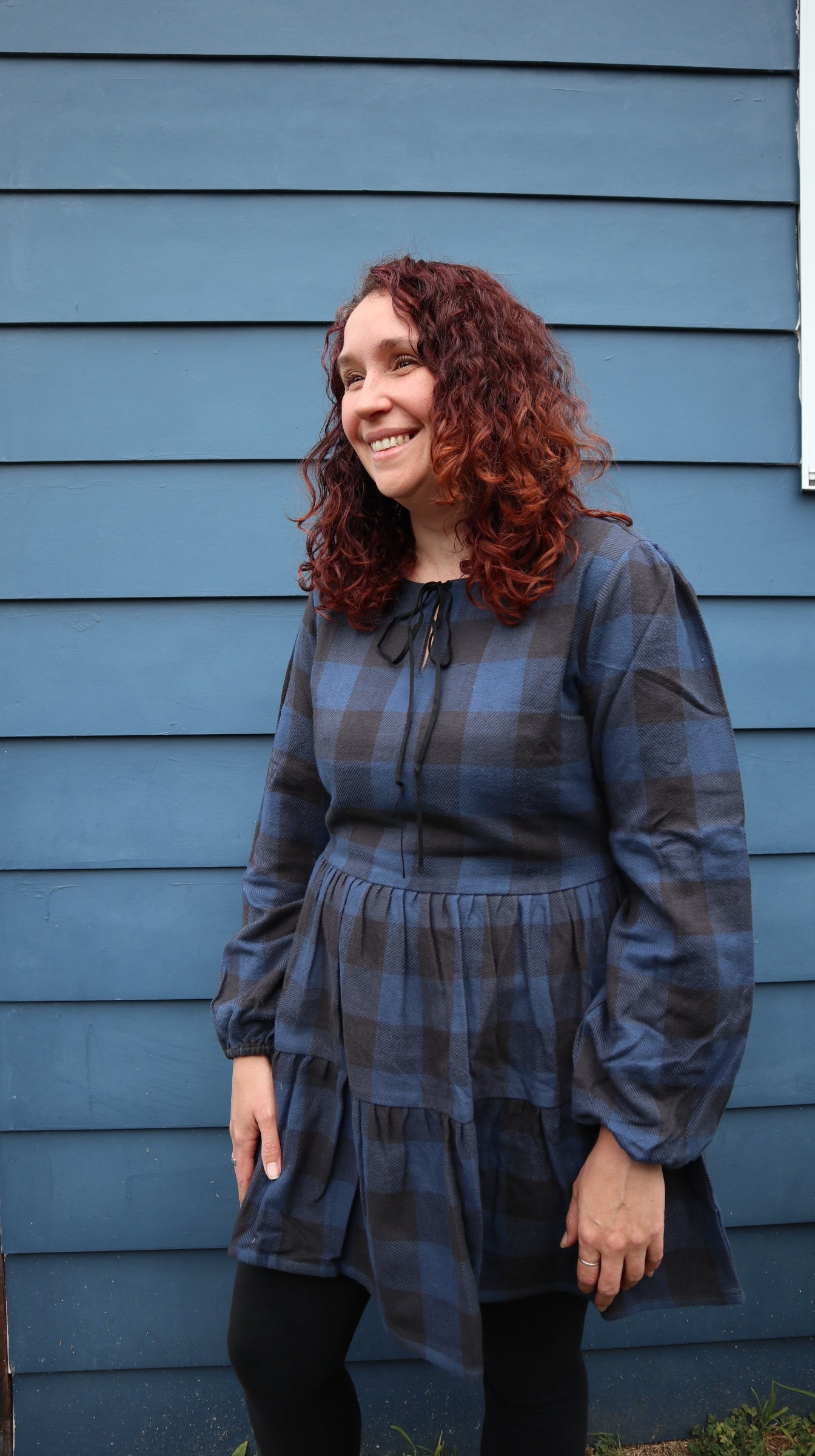 Fair Trade Blue and Black Checkered Puffed Sleeve Twill Dress