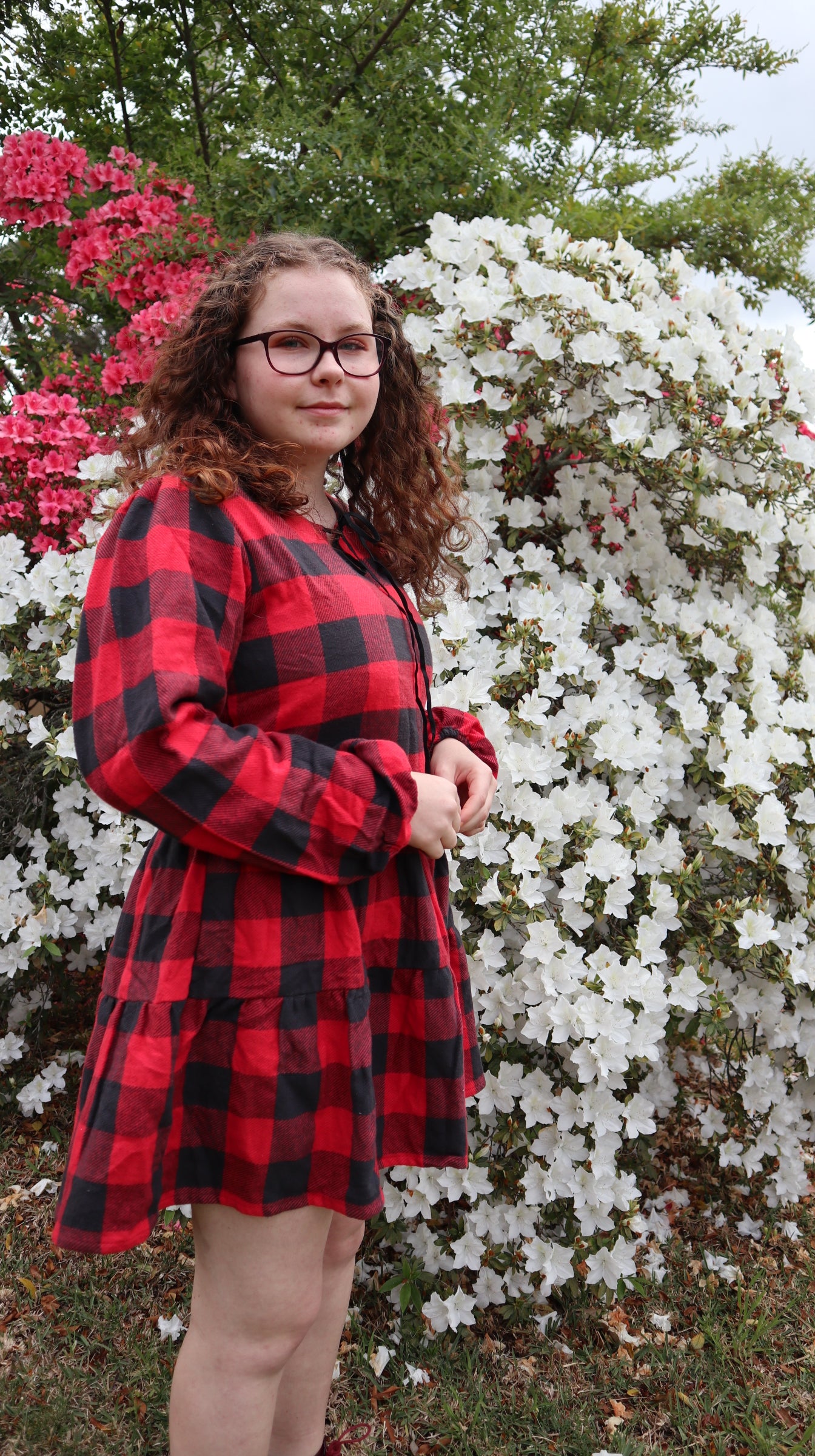 Fair Trade Red and Black Checkered Puffed Sleeve Twill Dress
