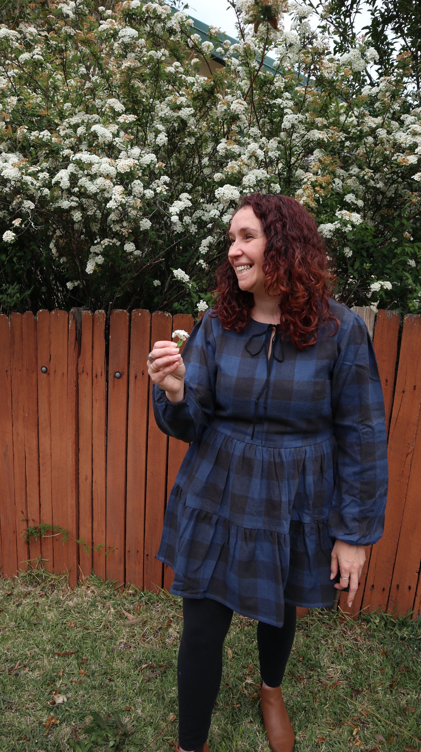 Fair Trade Blue and Black Checkered Puffed Sleeve Twill Dress