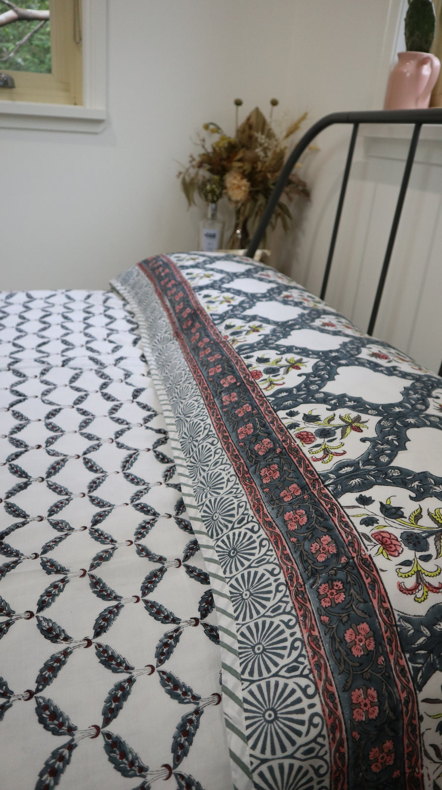 Fair Trade Organic Floral Lacework Reversible Bedcover/ Dohar